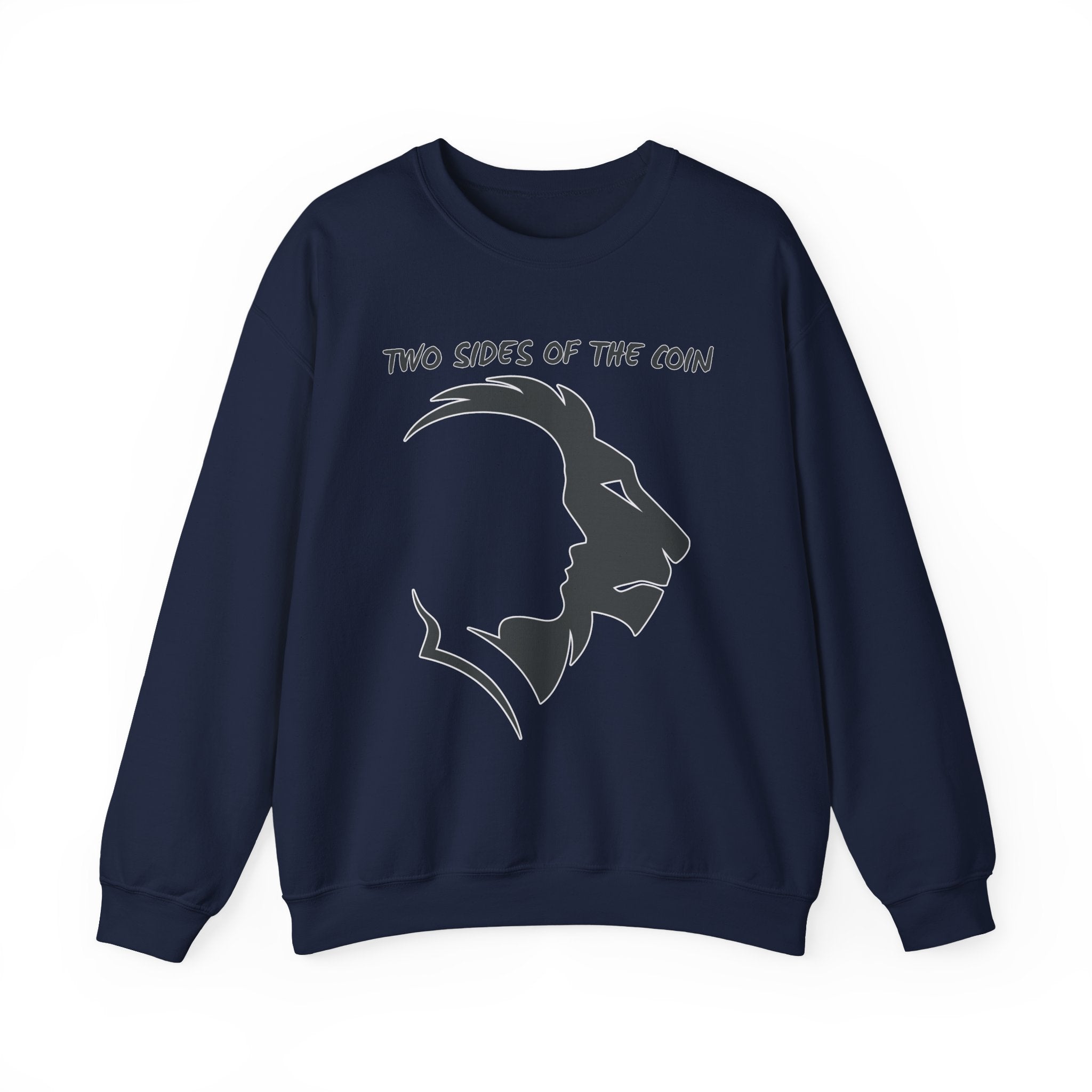Navy blue sweatshirt with graphic design and text on a white background