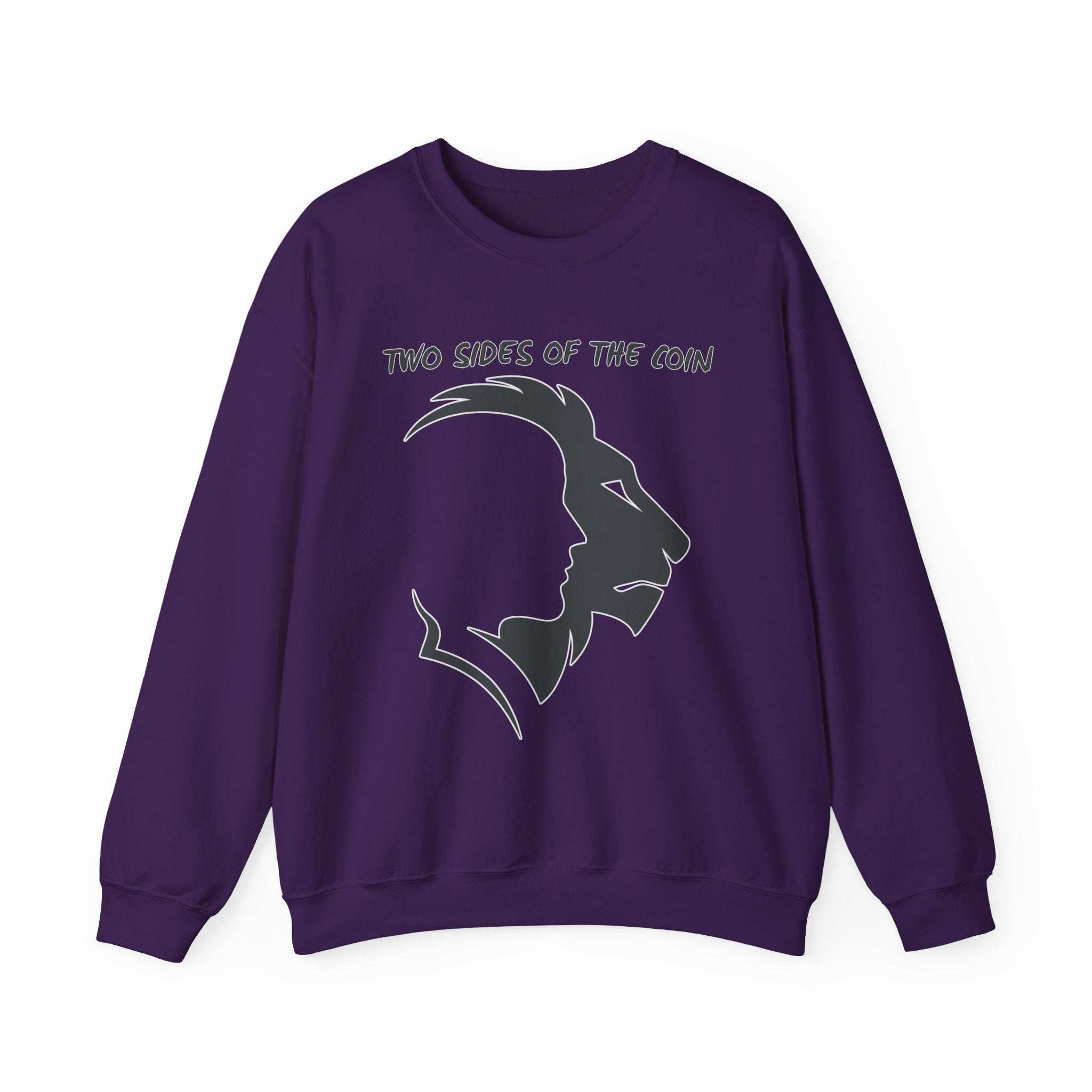 Purple sweatshirt with graphic design and text on a white background