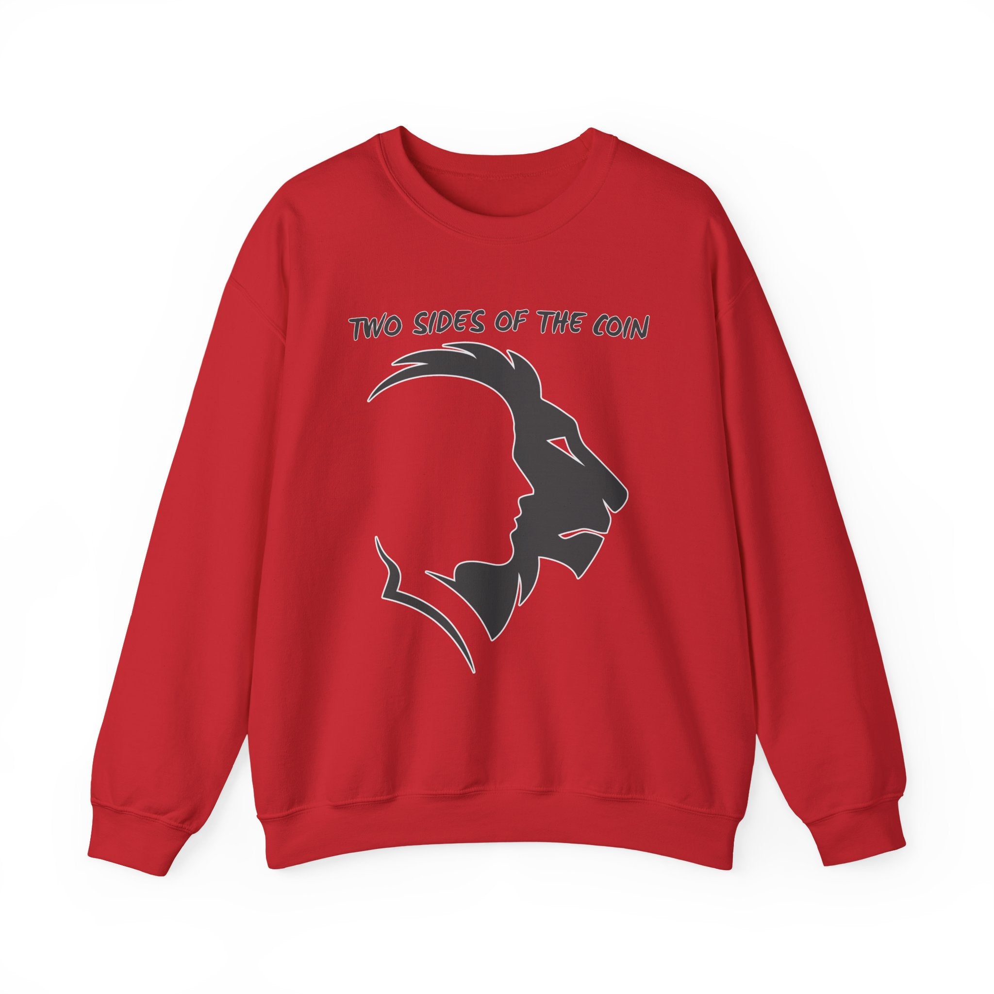 Red sweatshirt with black graphic design and text 'Two Sides of the Coin' on a white background
