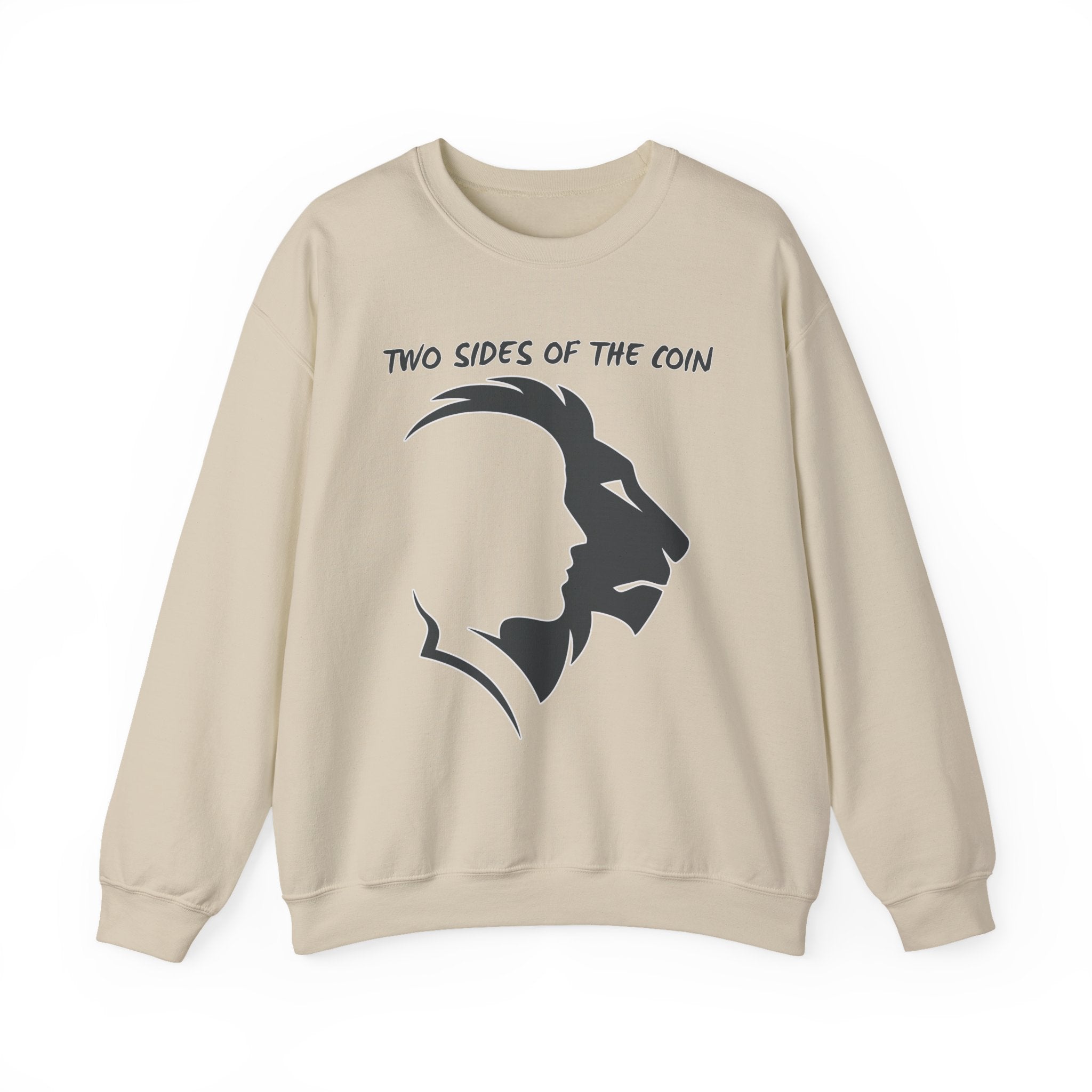 Beige sweatshirt with black silhouette design and text 'Two Sides of the Coin' on a white background