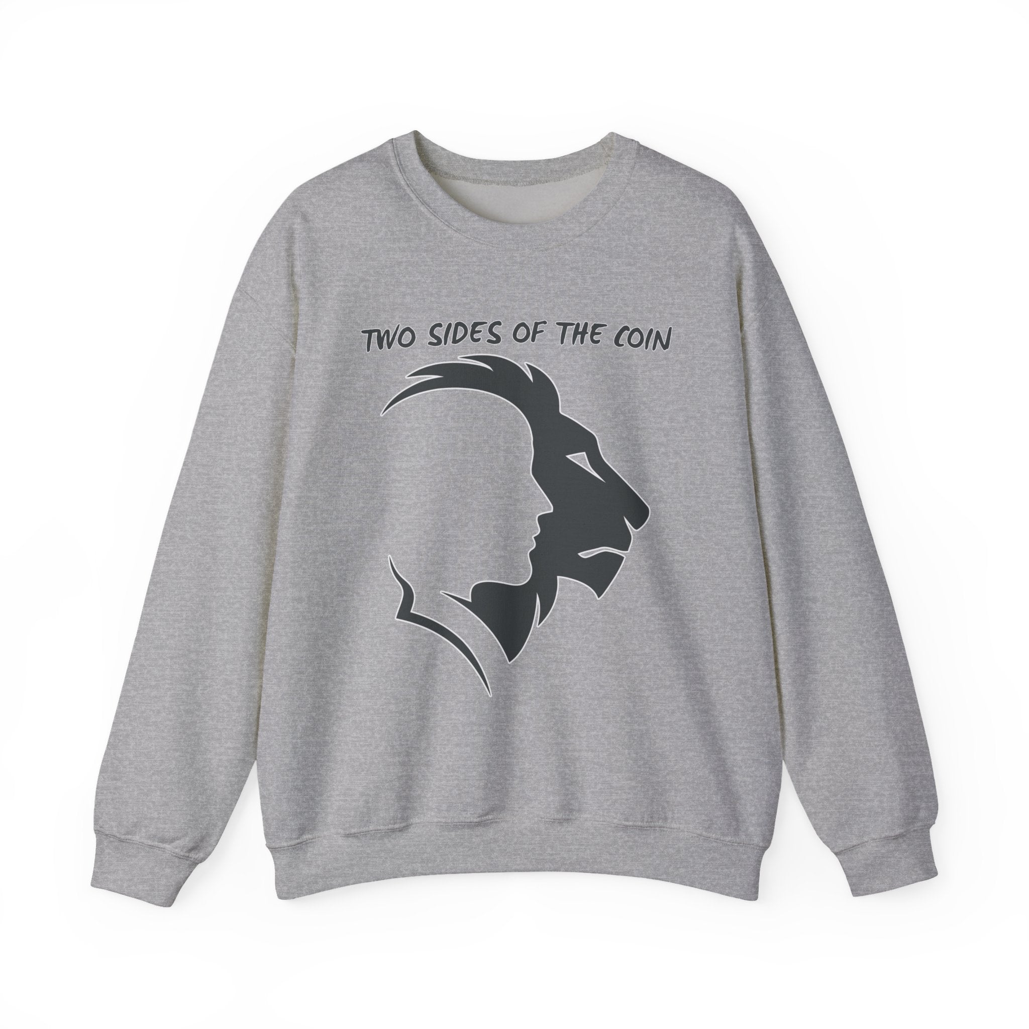 Gray sweatshirt with a silhouette design and text 'Two Sides of the Coin' on a white background
