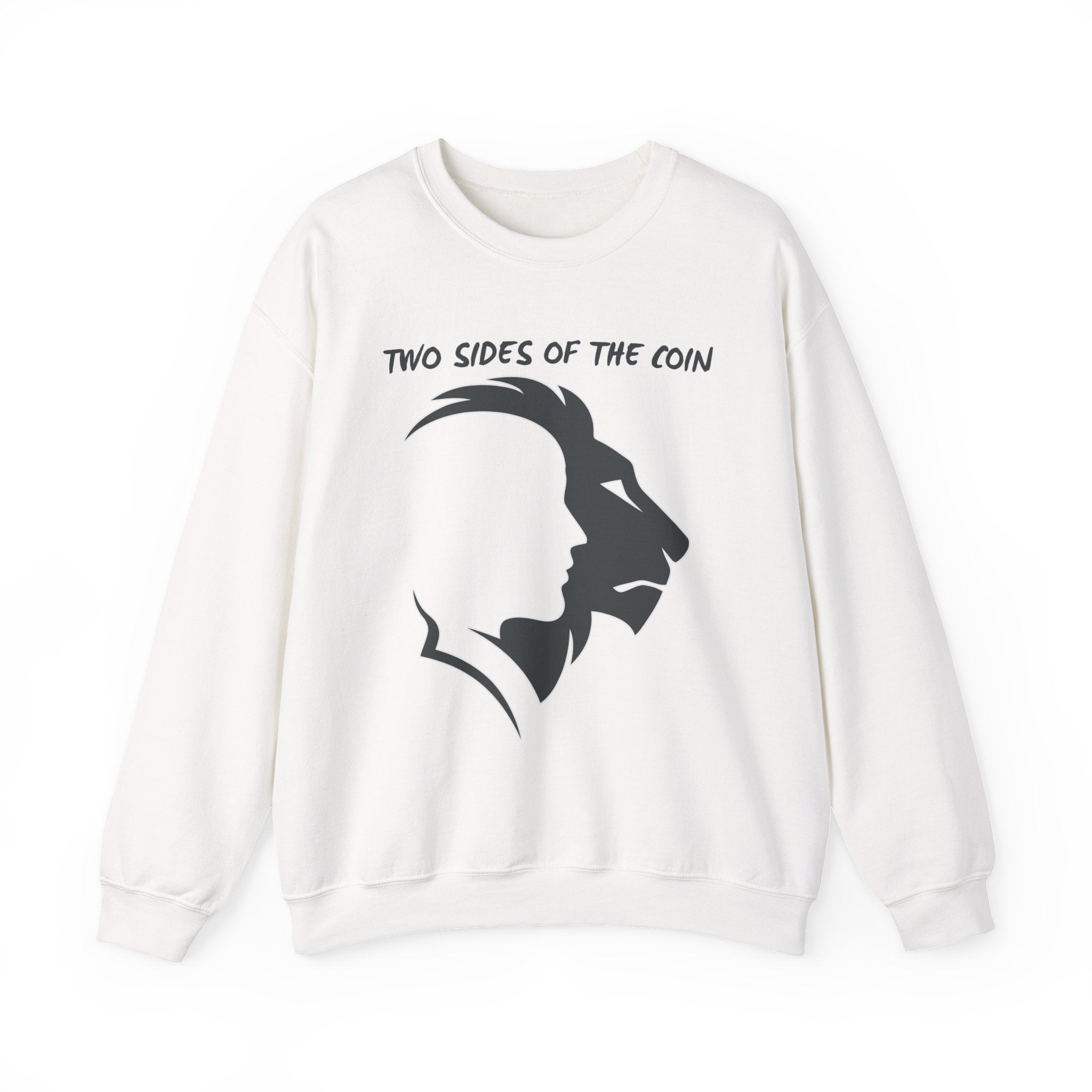 White sweatshirt with black graphic and text 'Two Sides of the Coin' on a white background