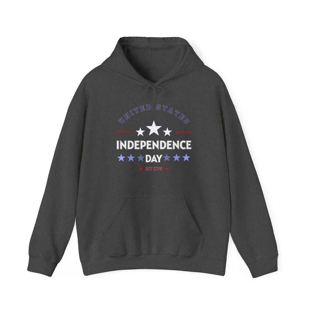 Dark gray hoodie with 'United States Independence Day' text and star design on a white background
