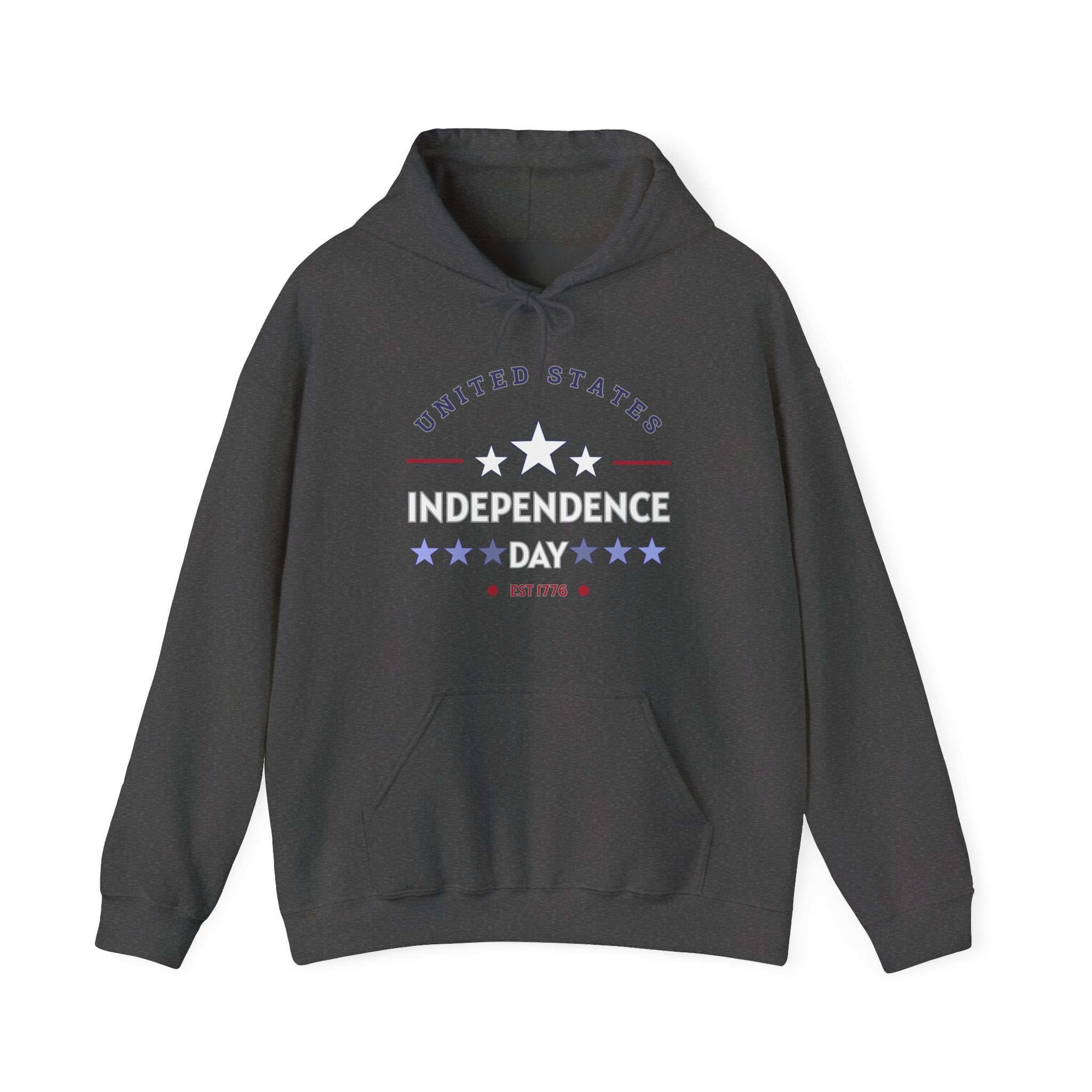 Dark gray hoodie with 'United States Independence Day' text and star design on a white background