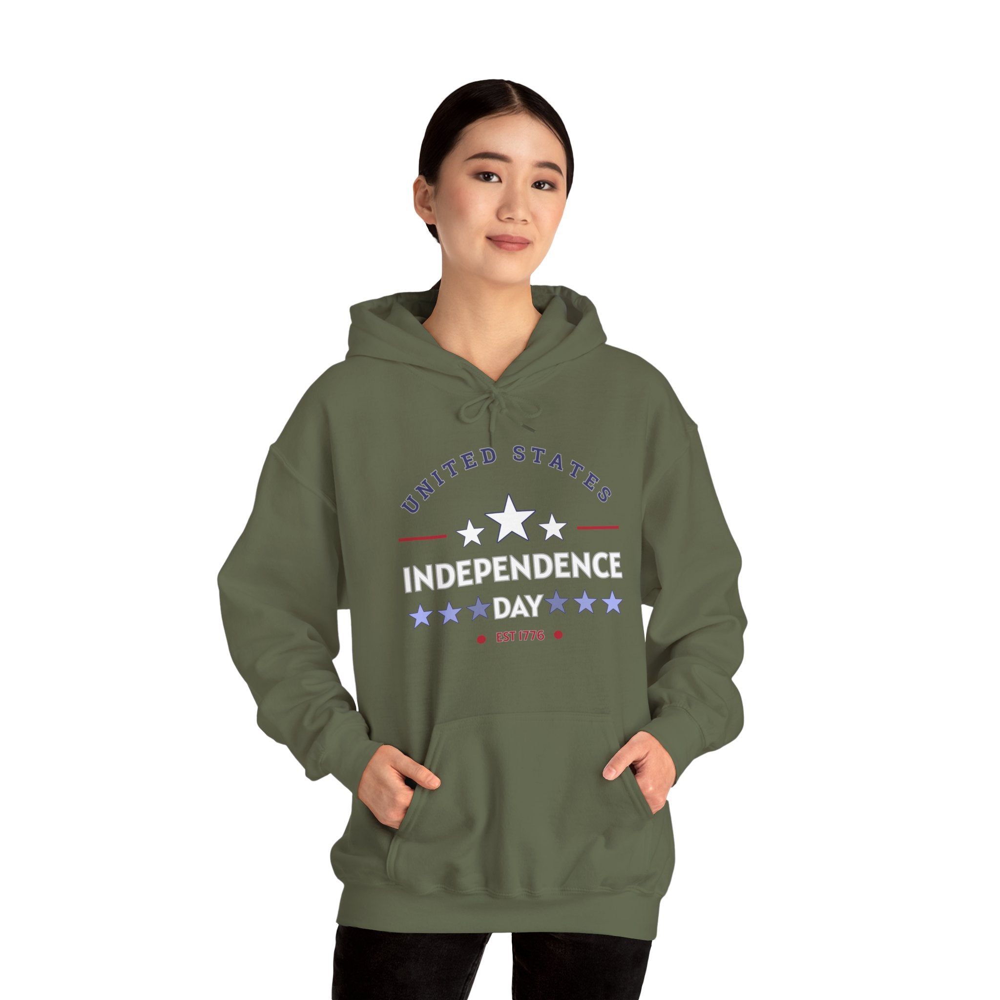 Person wearing a green hoodie with 'Independence Day' text on a white background