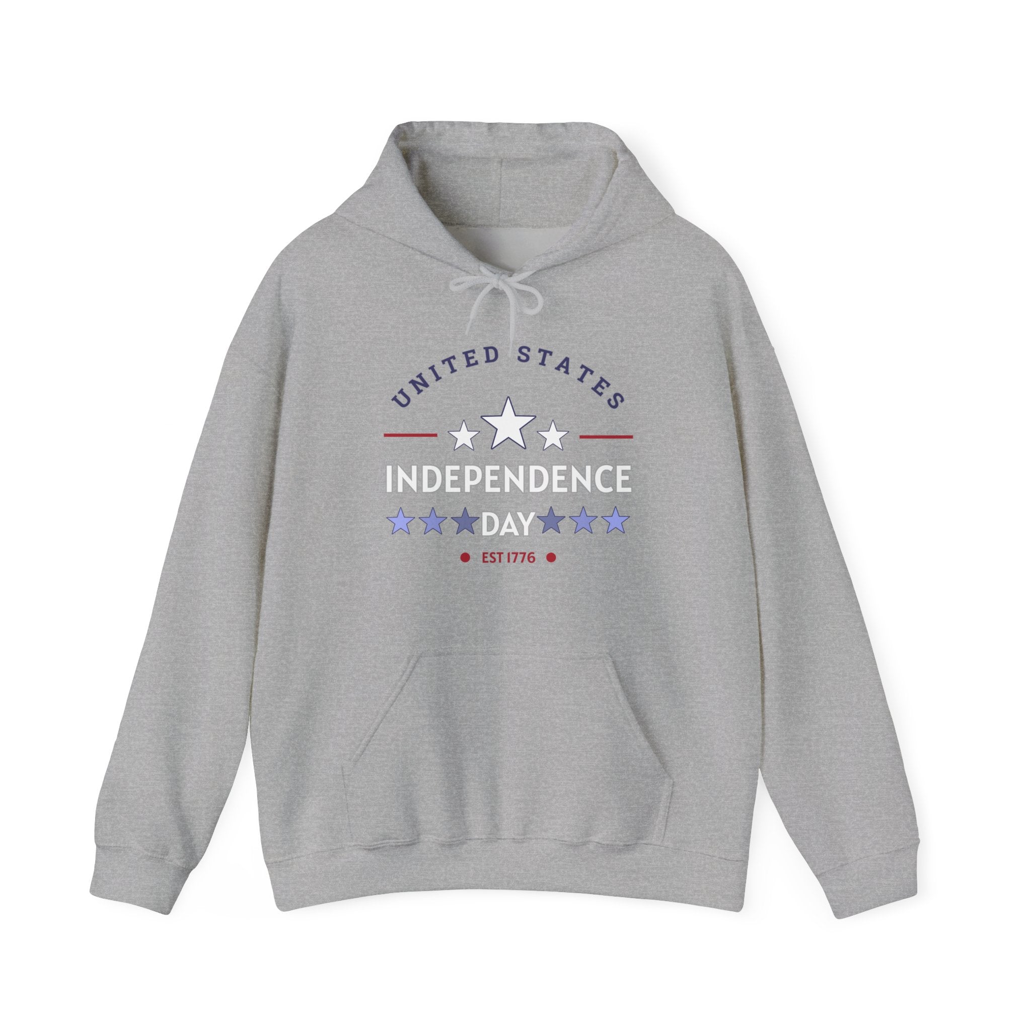 Gray hoodie with 'United States Independence Day' text and star design on a white background
