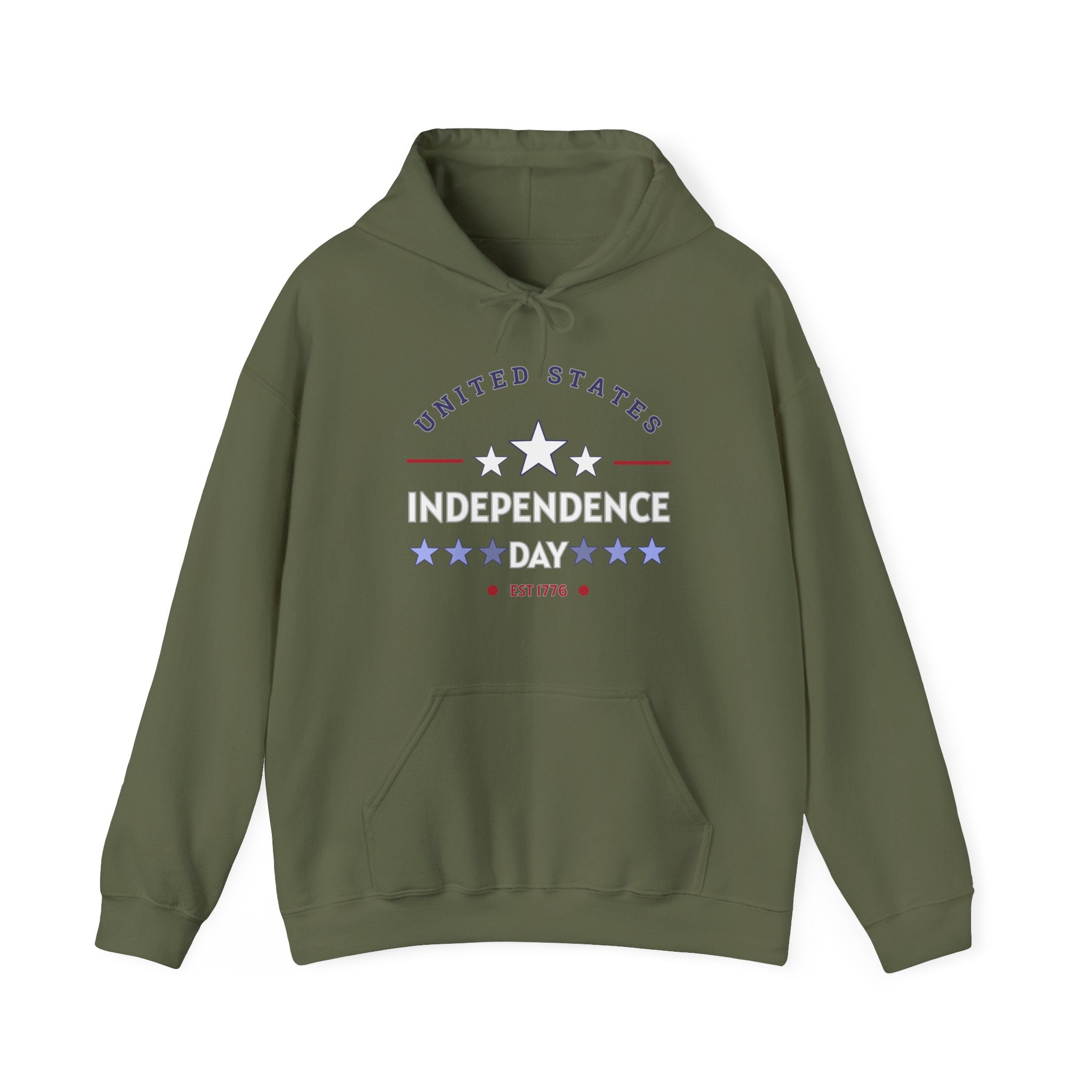 Military green hoodie with 'United States Independence Day' text on a white background