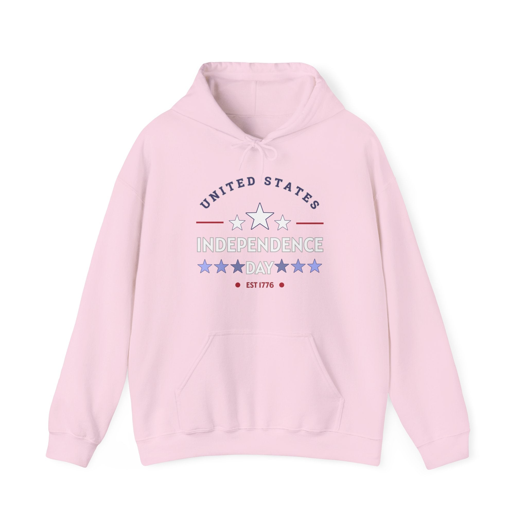 Pink hoodie with 'United States Independence Day' text on a white background