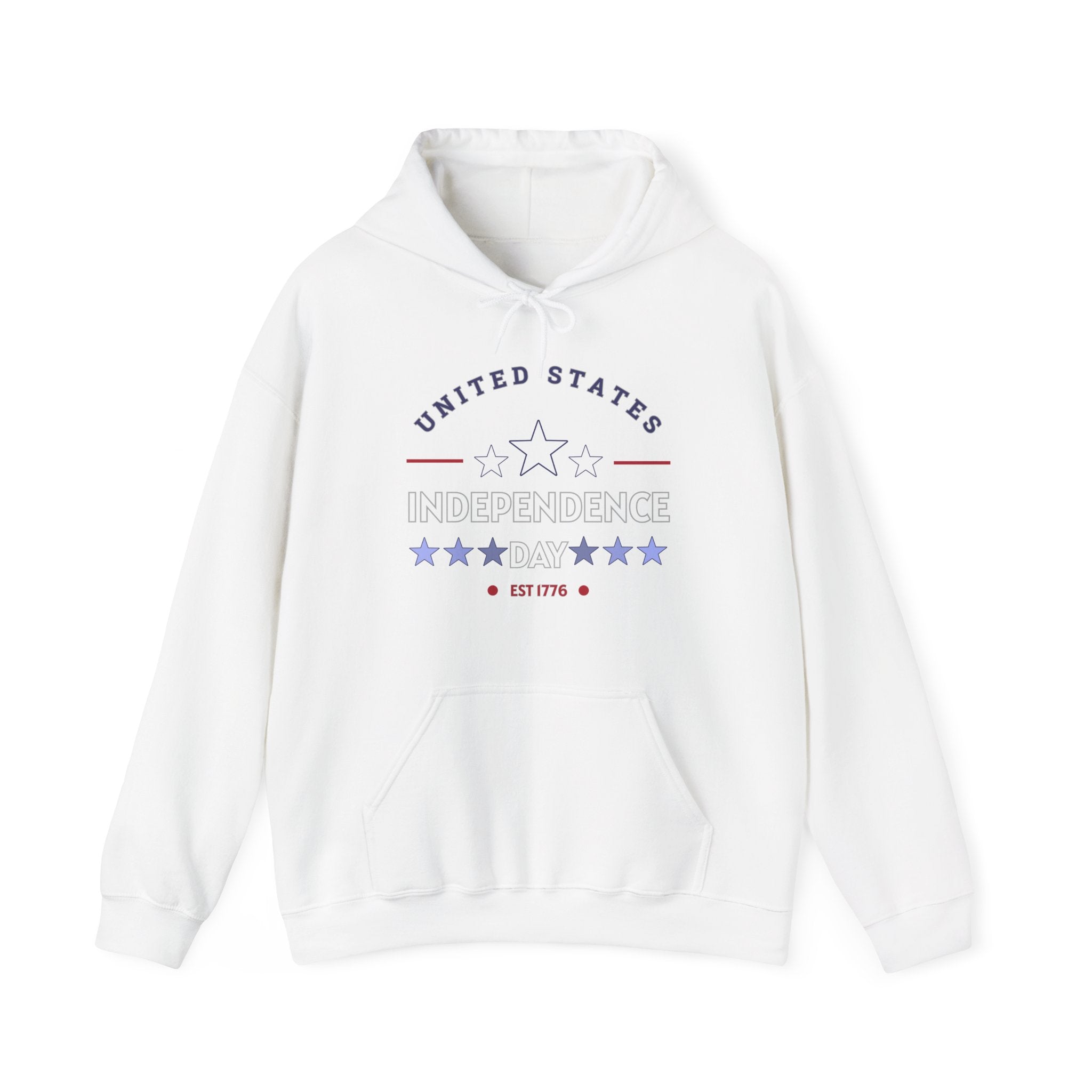 White hoodie with 'United States Independence Day' text on a white background