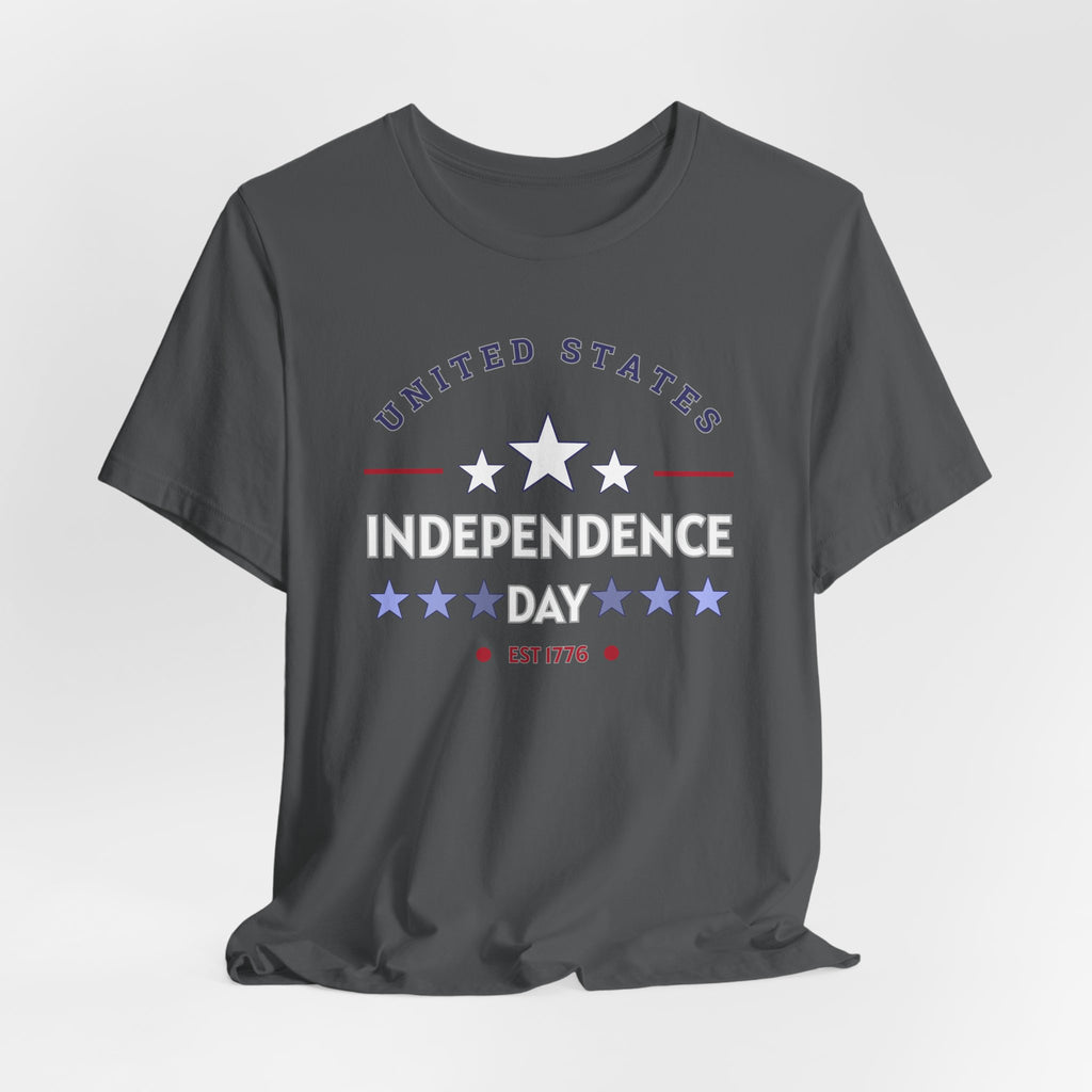 Gray t-shirt with 'United States Independence Day' text and star design on a light gray background