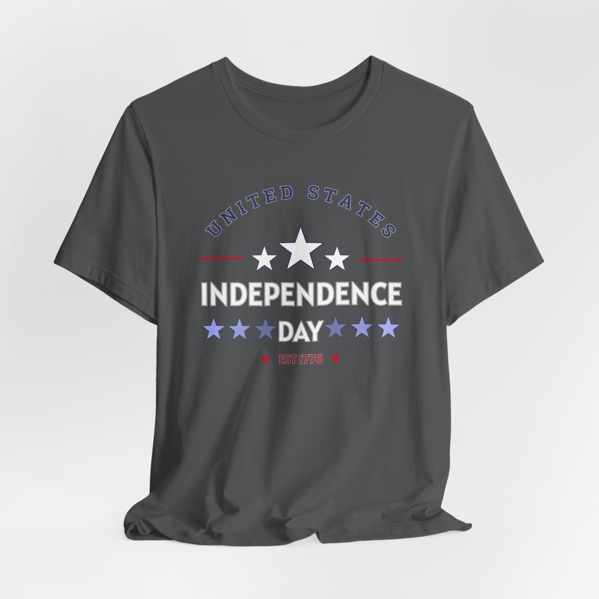 Gray t-shirt with 'United States Independence Day' text and star design on a light gray background