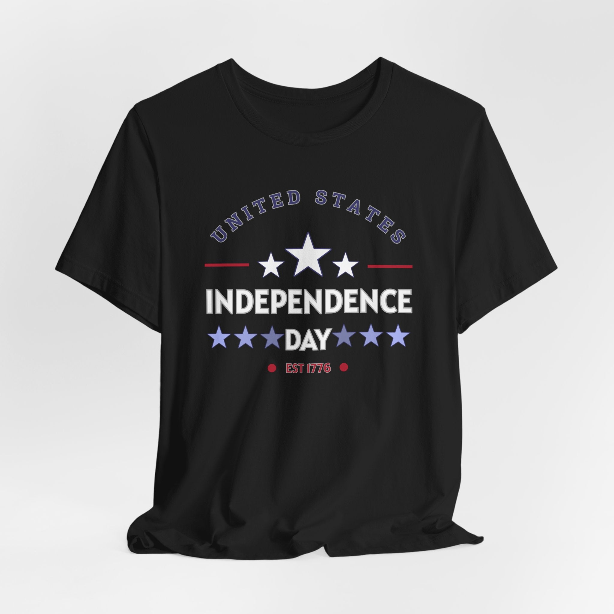 Black t-shirt with 'United States Independence Day' text and star design on a white background