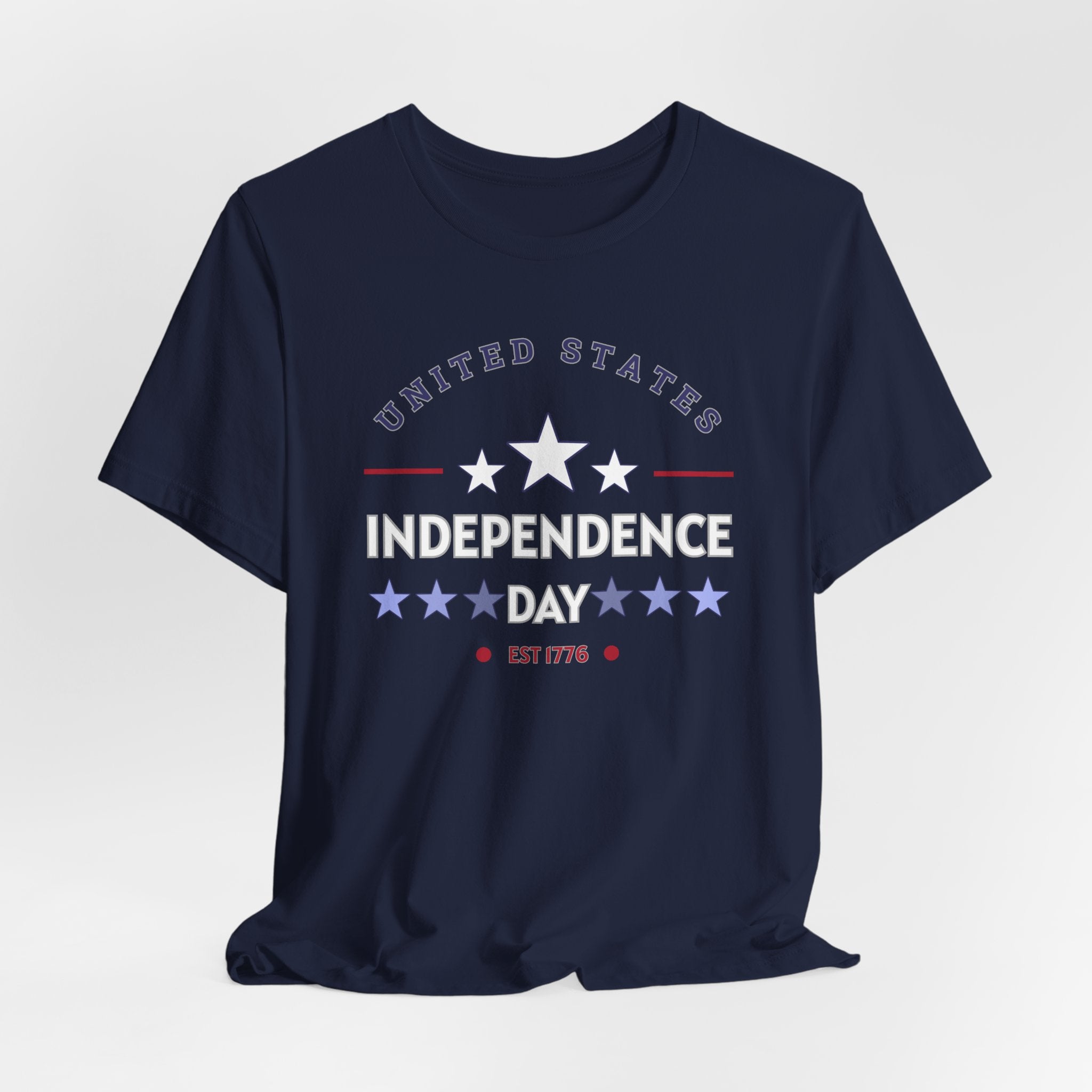 Navy blue t-shirt with 'United States Independence Day' text and star design on a light gray background