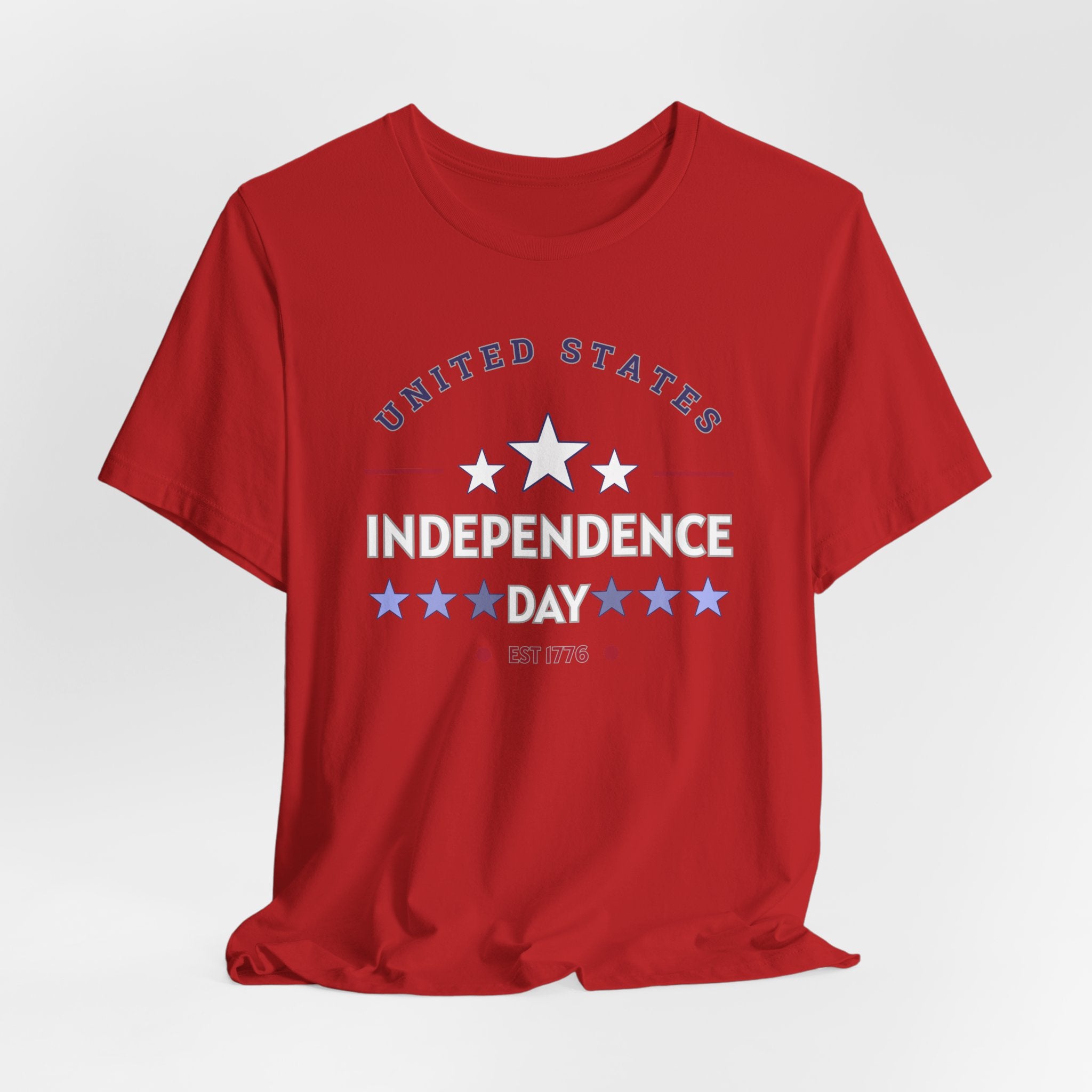 Red t-shirt with 'United States Independence Day' text and stars on a white background