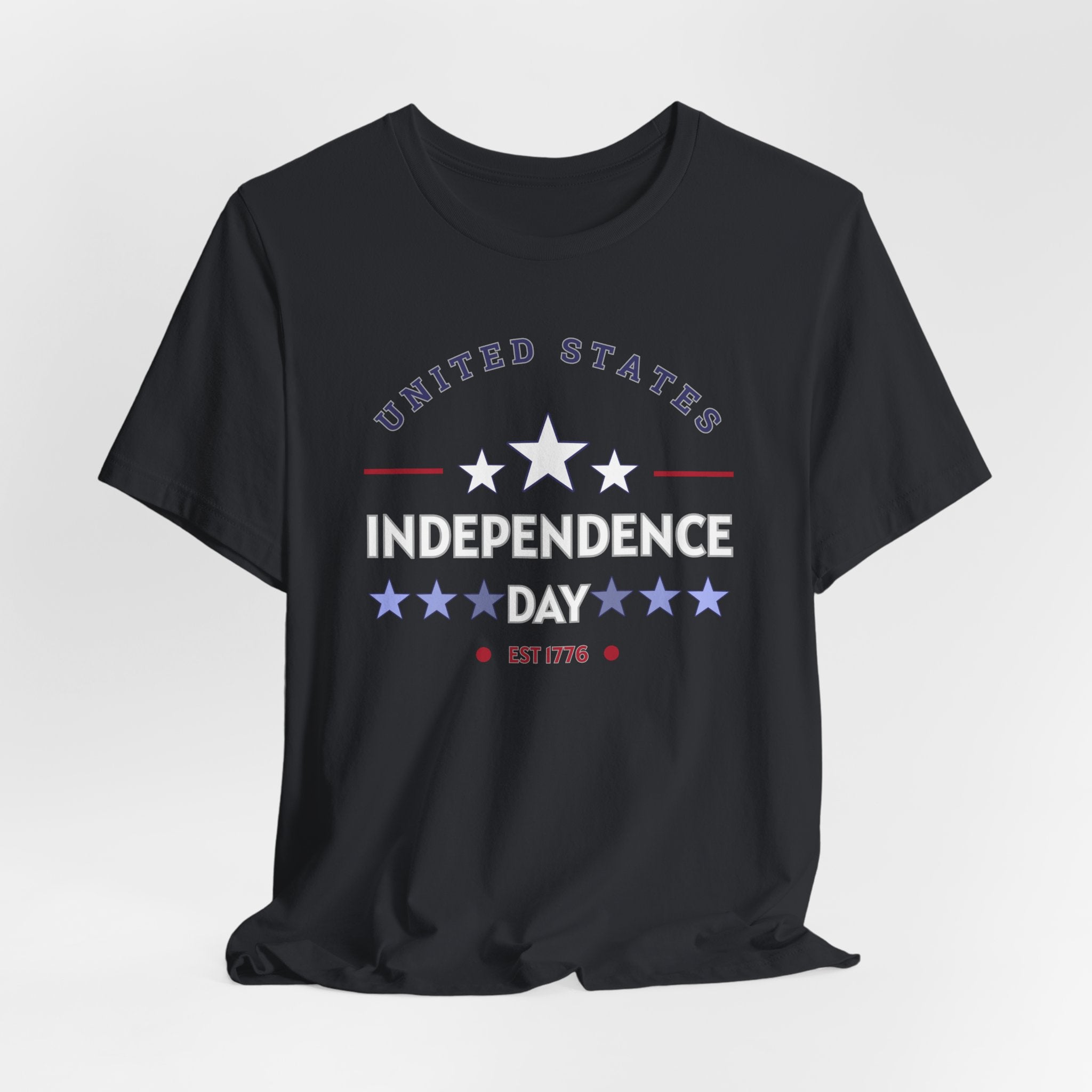 Vintage black t-shirt with 'United States Independence Day' text and star design on a white background