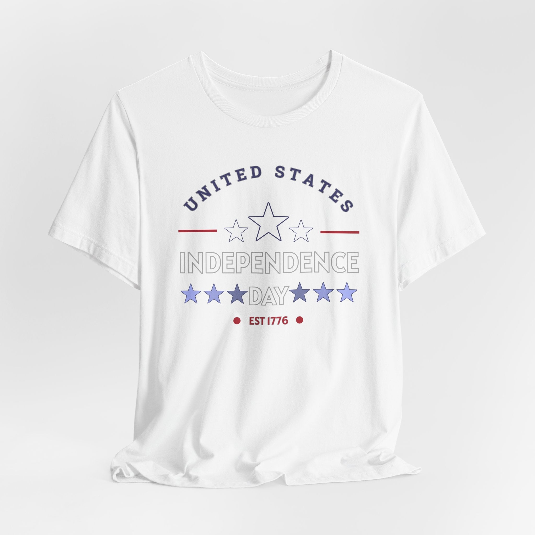 White t-shirt with 'United States Independence Day' text and star design on a white background