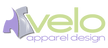 Logo for 'velo apparel design' with a green and purple color scheme on a transparent background