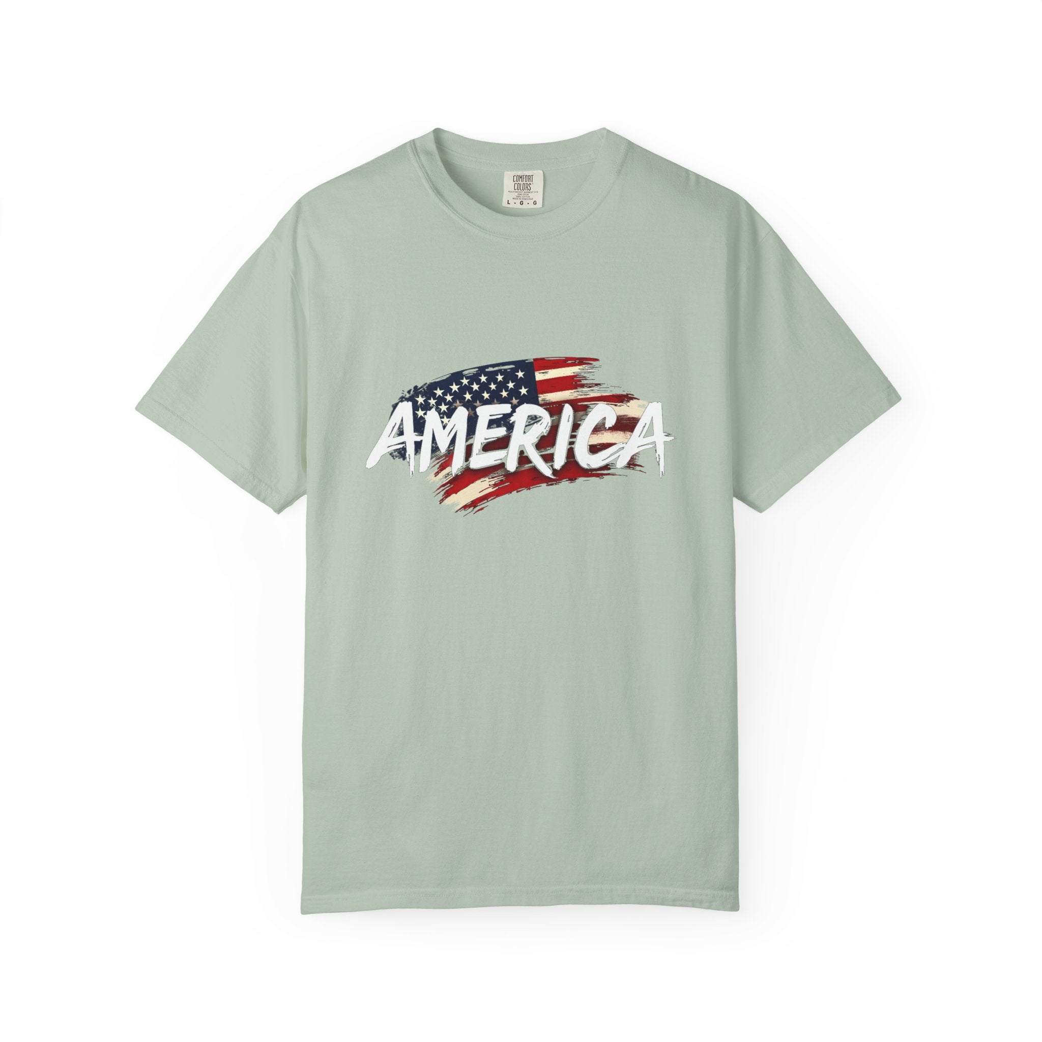 Bay light green t-shirt with American flag graphic and 'AMERICA' text on a white background