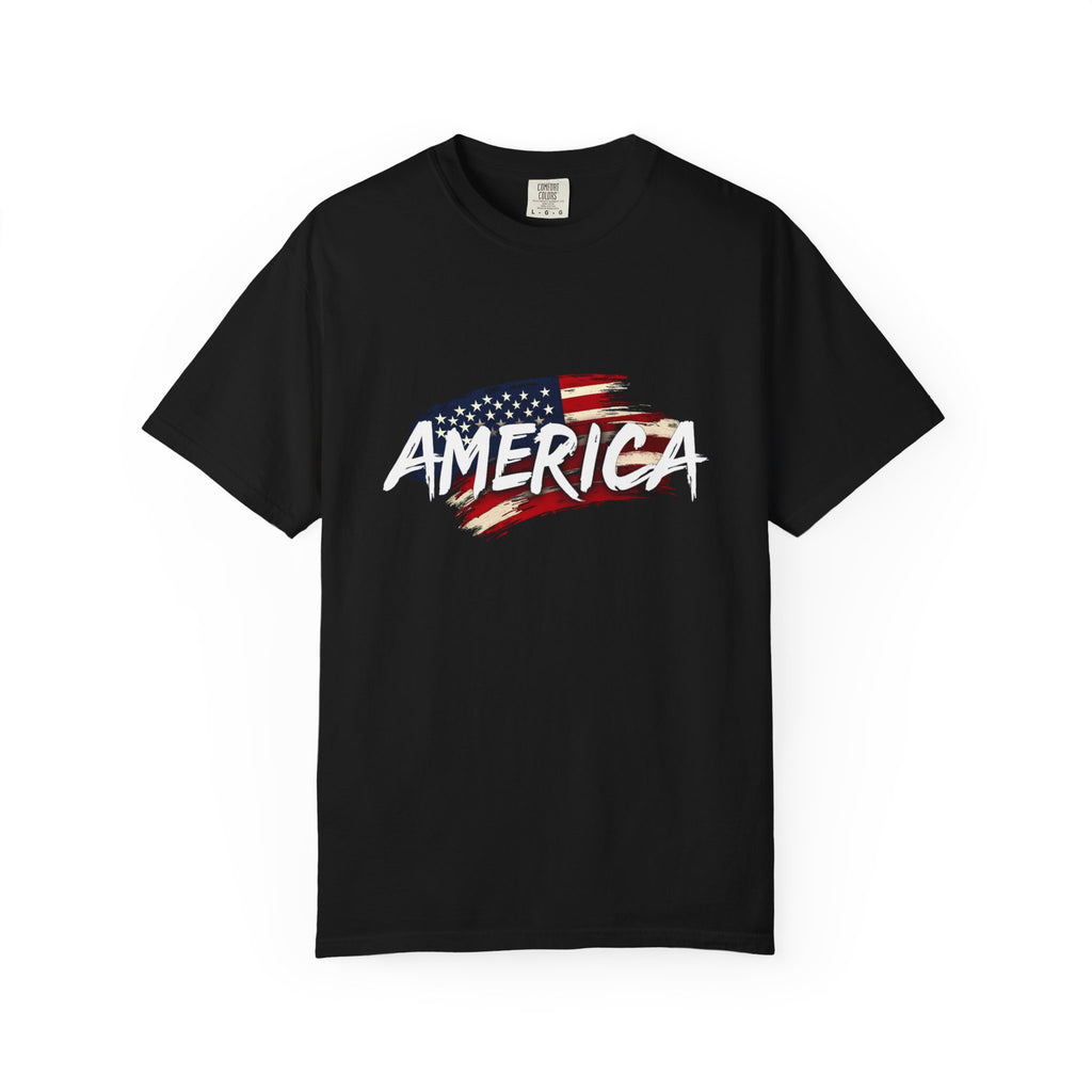 Black t-shirt with 'AMERICA' and an American flag design on a white background
