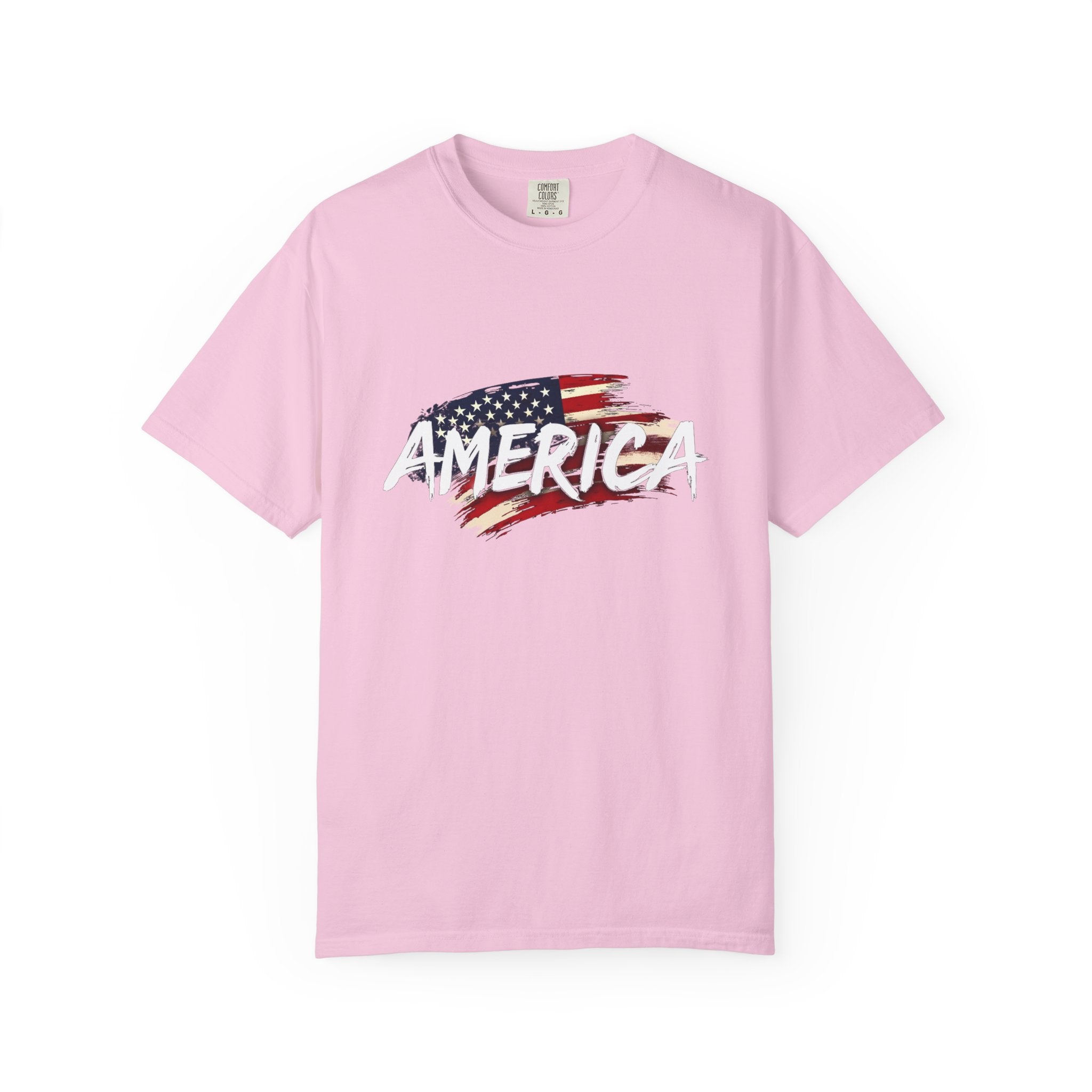 Blossom pink t-shirt with American flag and 'AMERICA' text on a white background
