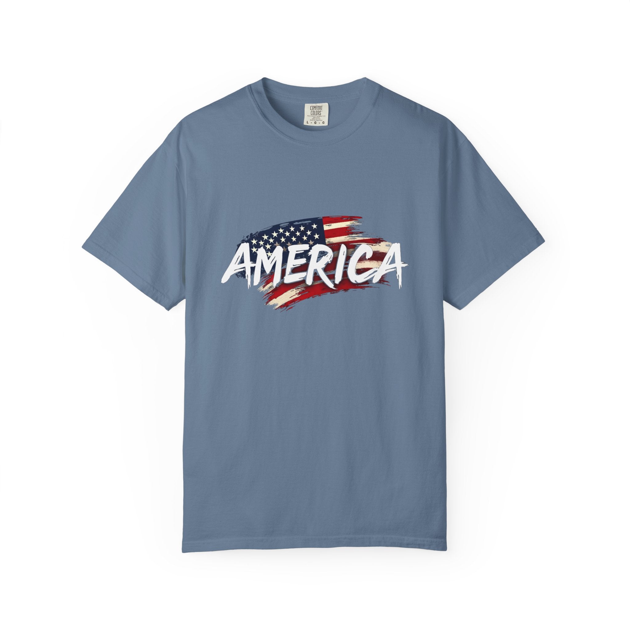Blue jean t-shirt with American flag and 'AMERICA' text on a white background