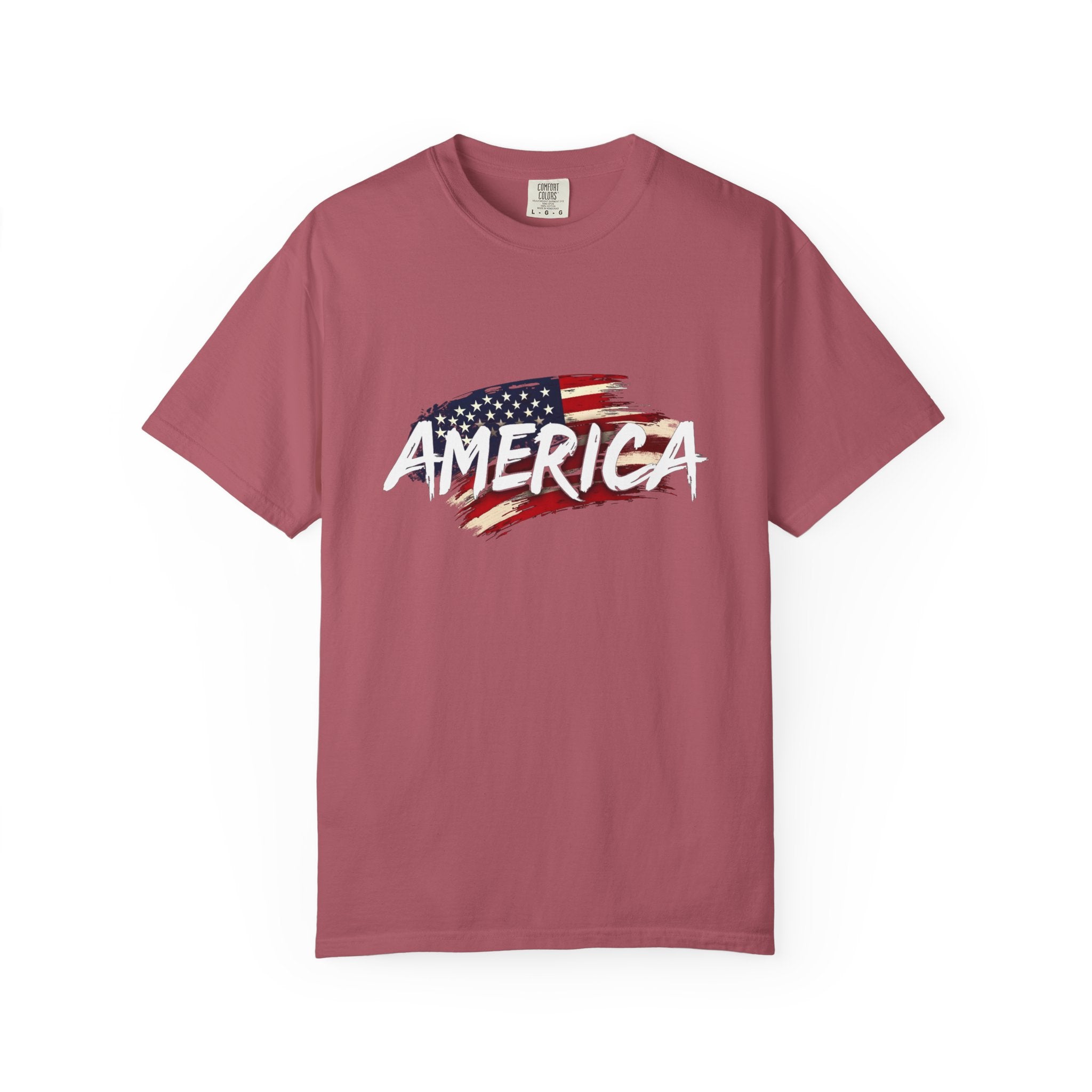 Crimson maroon t-shirt with American flag graphic and 'AMERICA' text on a white background