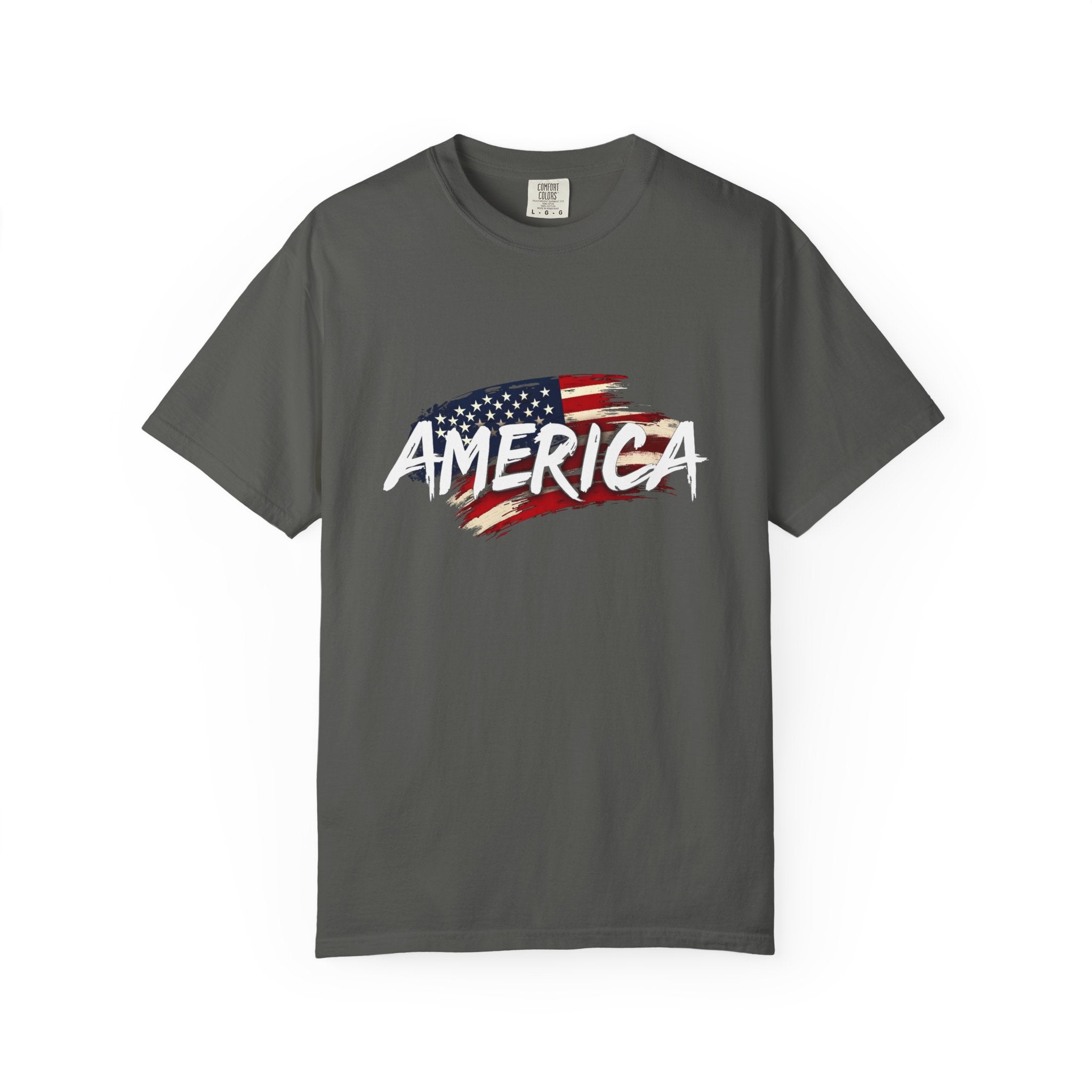 Graphite gray t-shirt with American flag and 'AMERICA' text on a white background