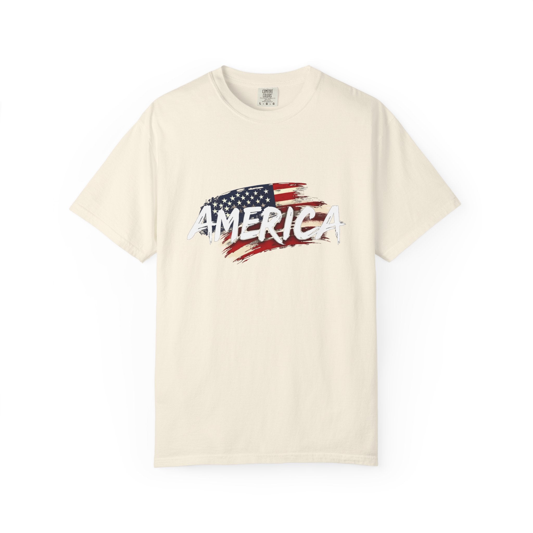 Ivory beige t-shirt with American flag graphic and 'AMERICA' text on a white background