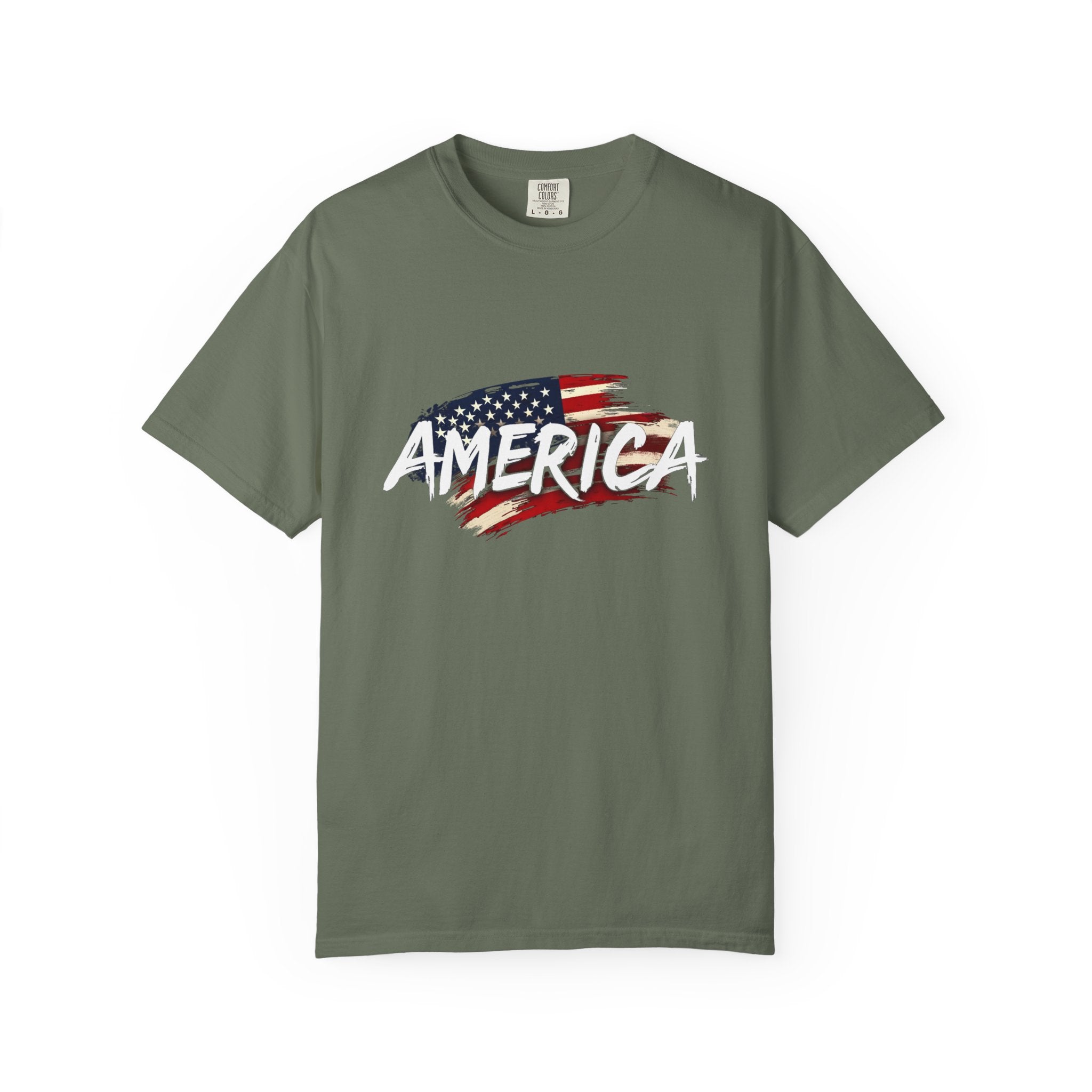 Moss green t-shirt with American flag graphic and 'AMERICA' text on a white background