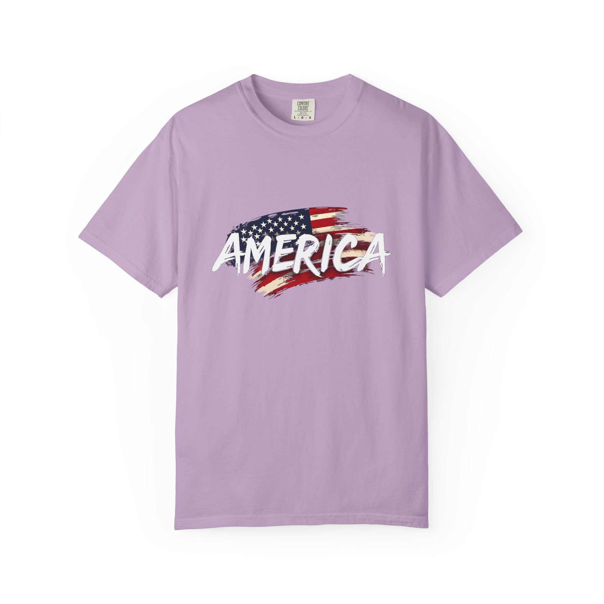 Orchid purple t-shirt with American flag and 'AMERICA' text on a white background
