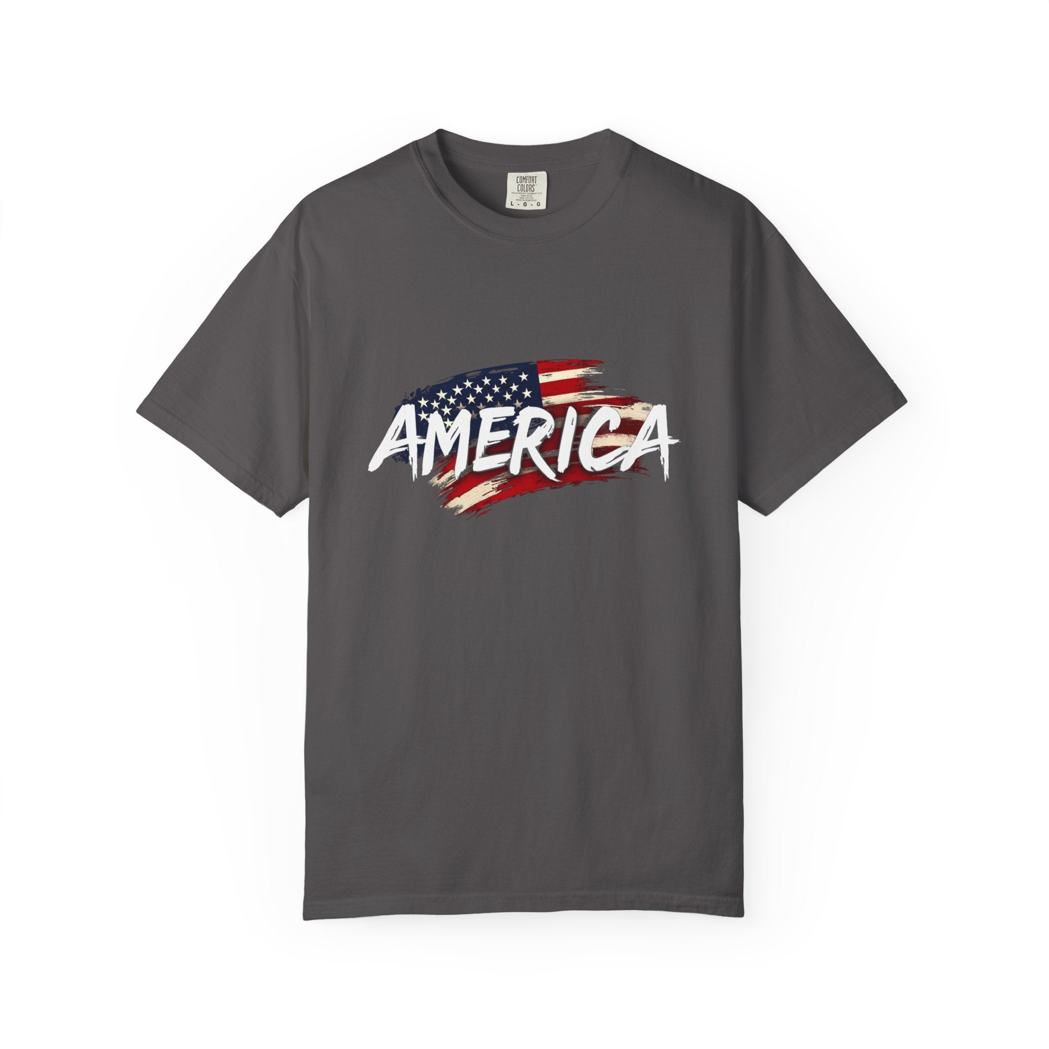 Pepper gray t-shirt with 'AMERICA' and an American flag design on a white background
