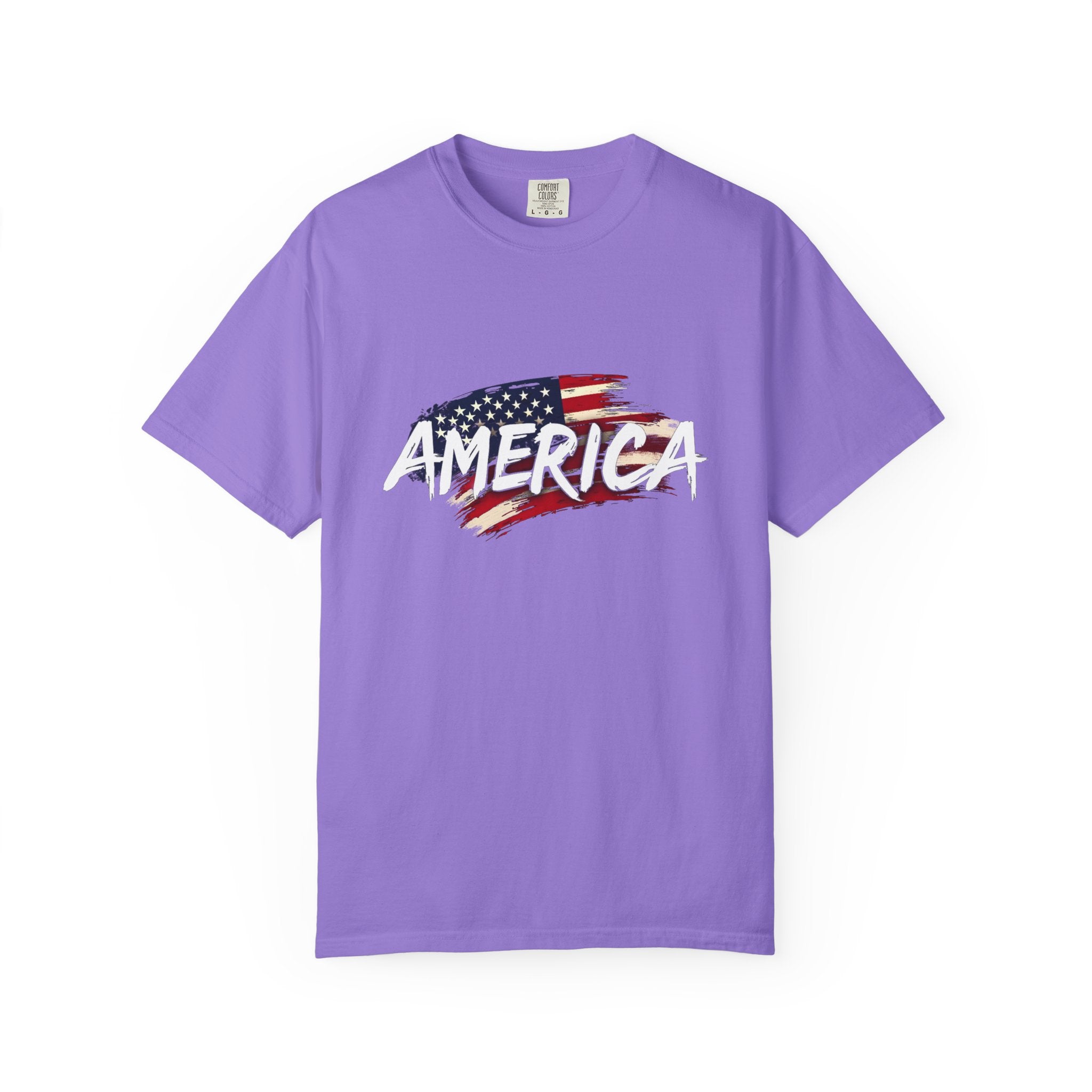 Violet t-shirt with American flag graphic and 'AMERICA' text on a white background