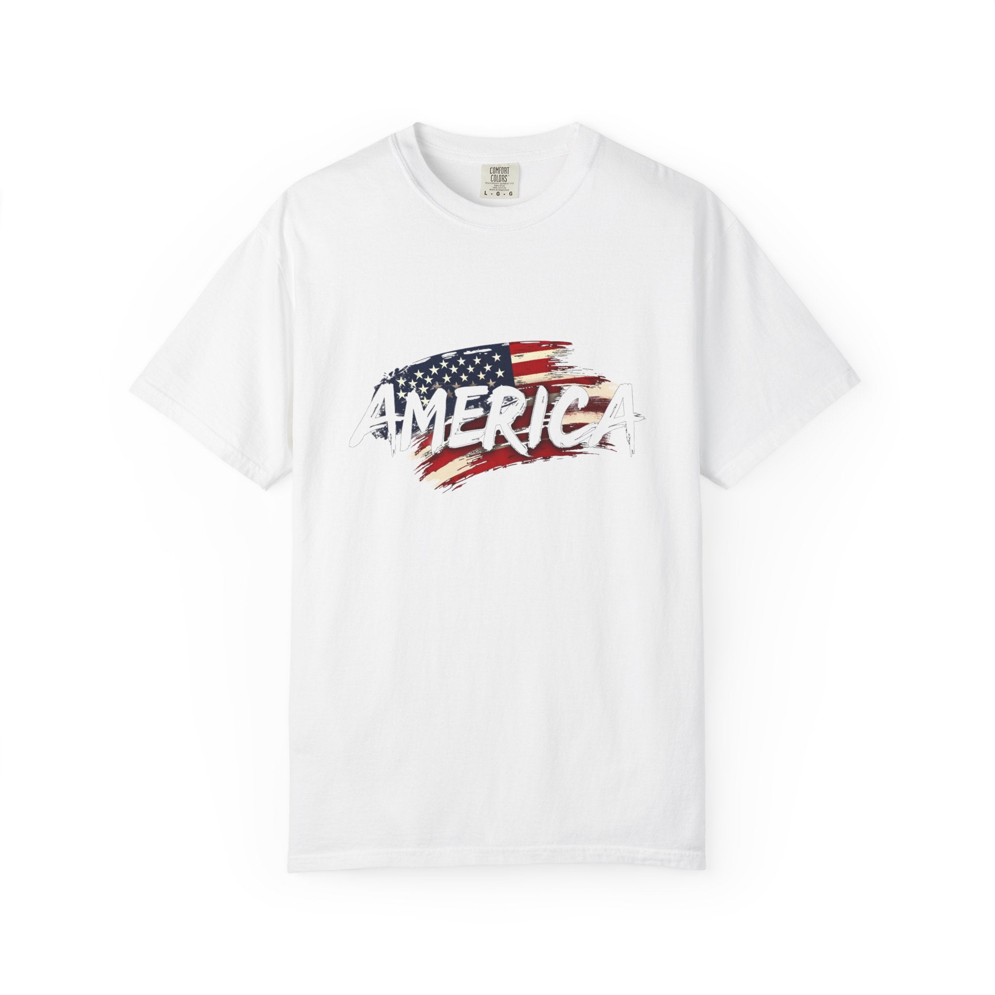 White t-shirt with American flag graphic and 'AMERICA' text on a white background