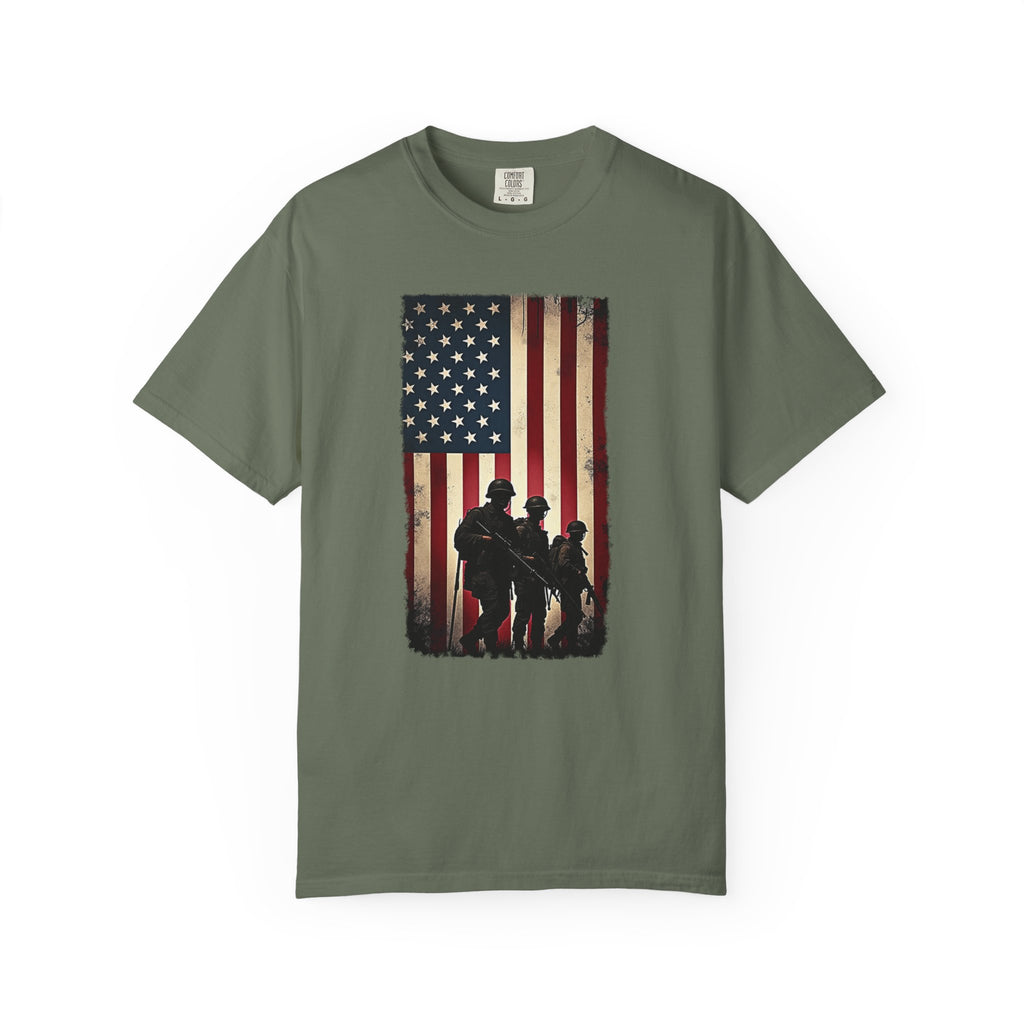 Moss green t-shirt with vintage American flag and silhouette soldier design on a white background