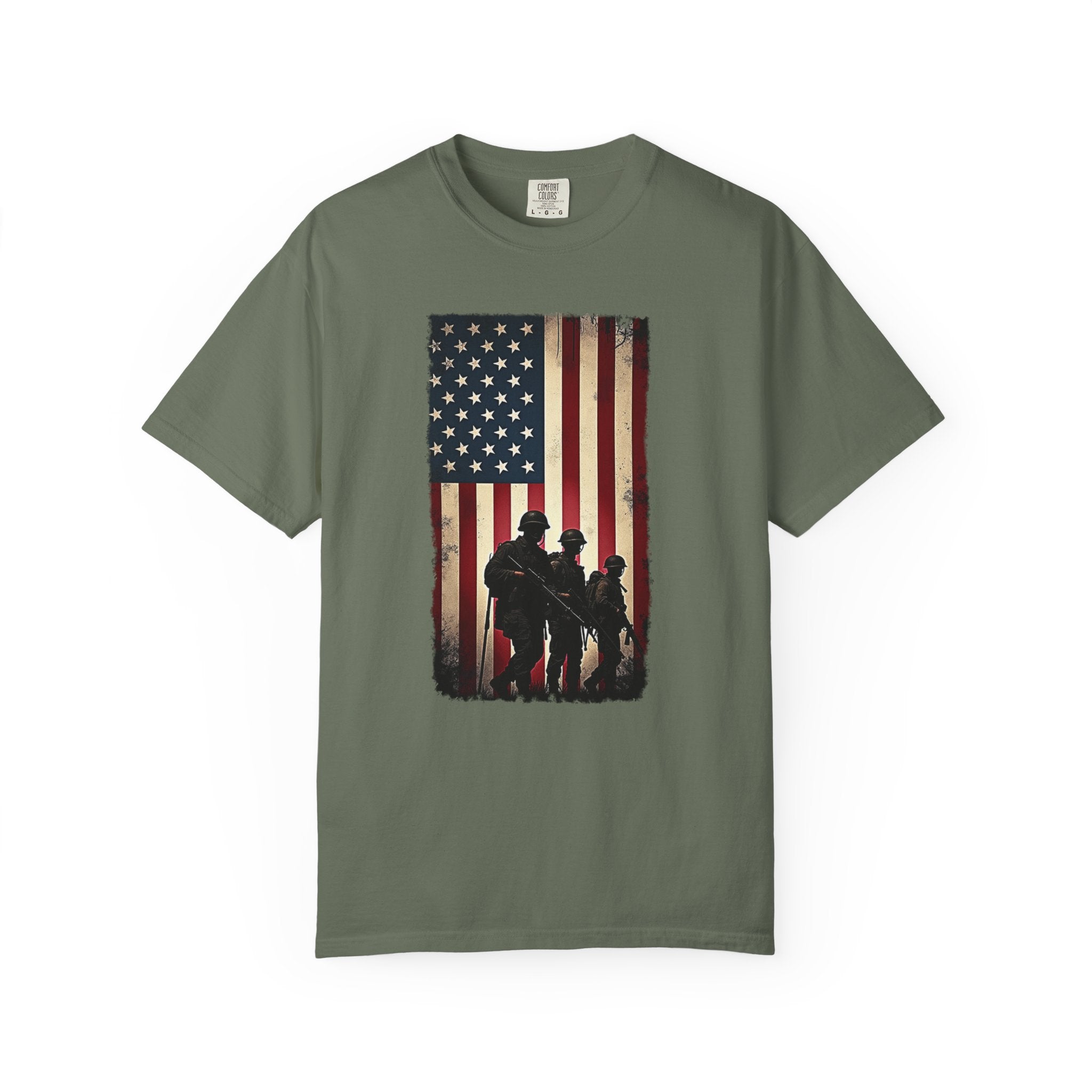 Moss green t-shirt with vintage American flag and silhouette soldier design on a white background