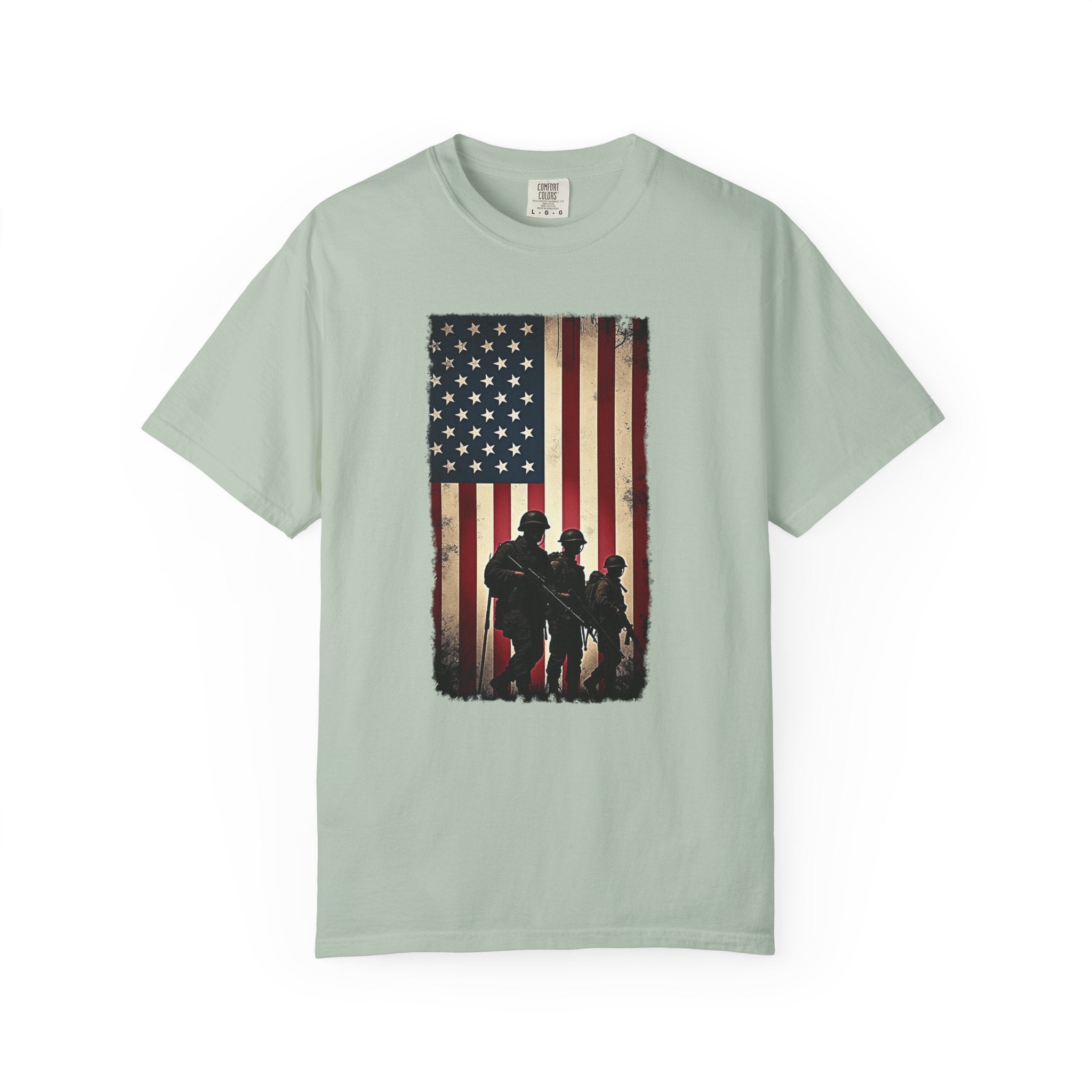 Bay light green t-shirt with vintage American flag and silhouette soldier design on a white background