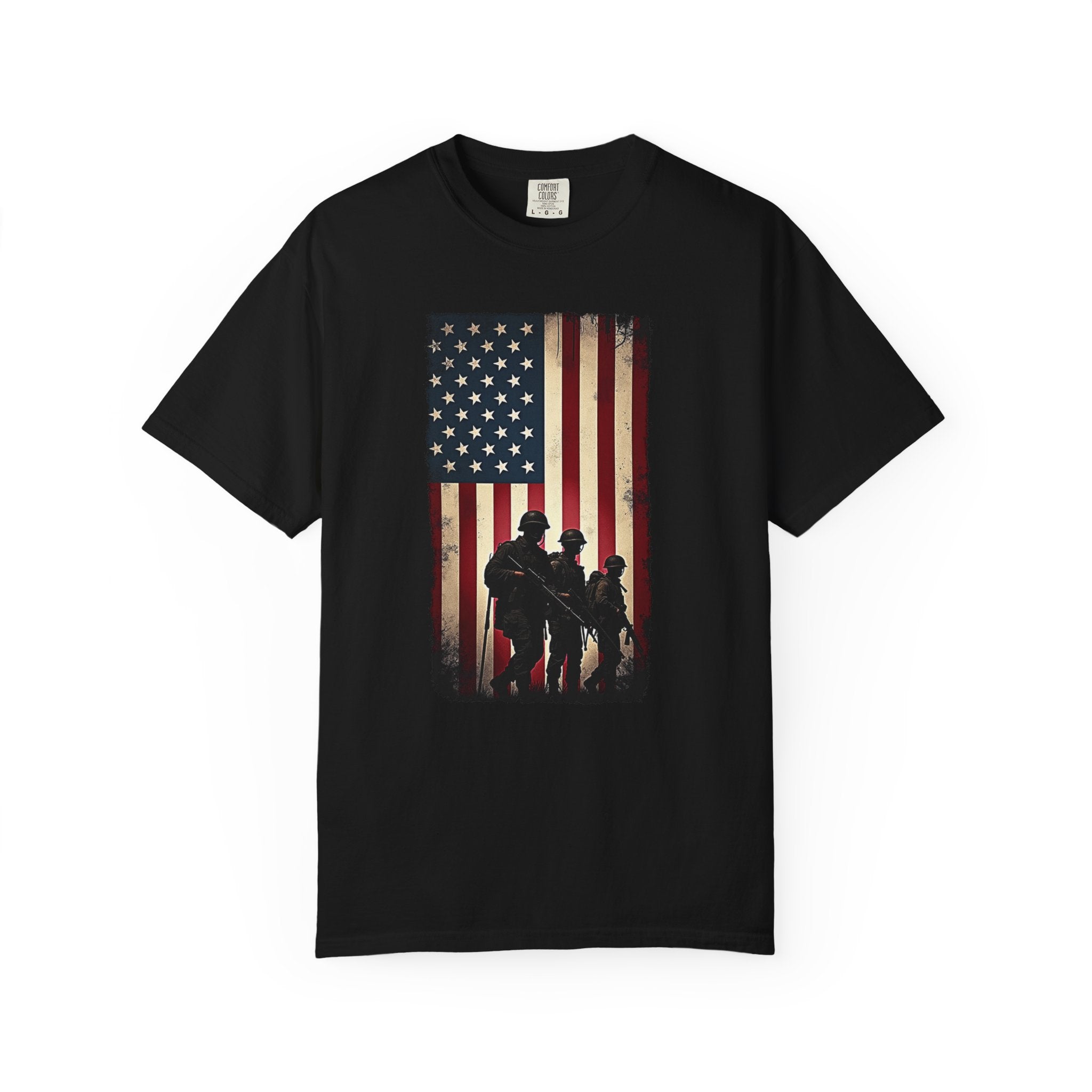 Black t-shirt with vintage American flag and silhouette soldier design on a white background