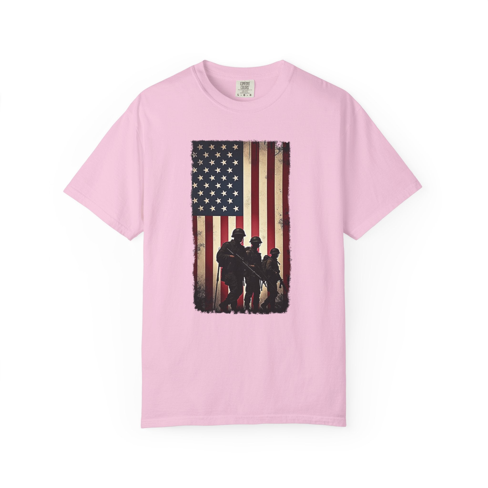 Blossom pink t-shirt with vintage American flag and silhouette soldier design on a white background
