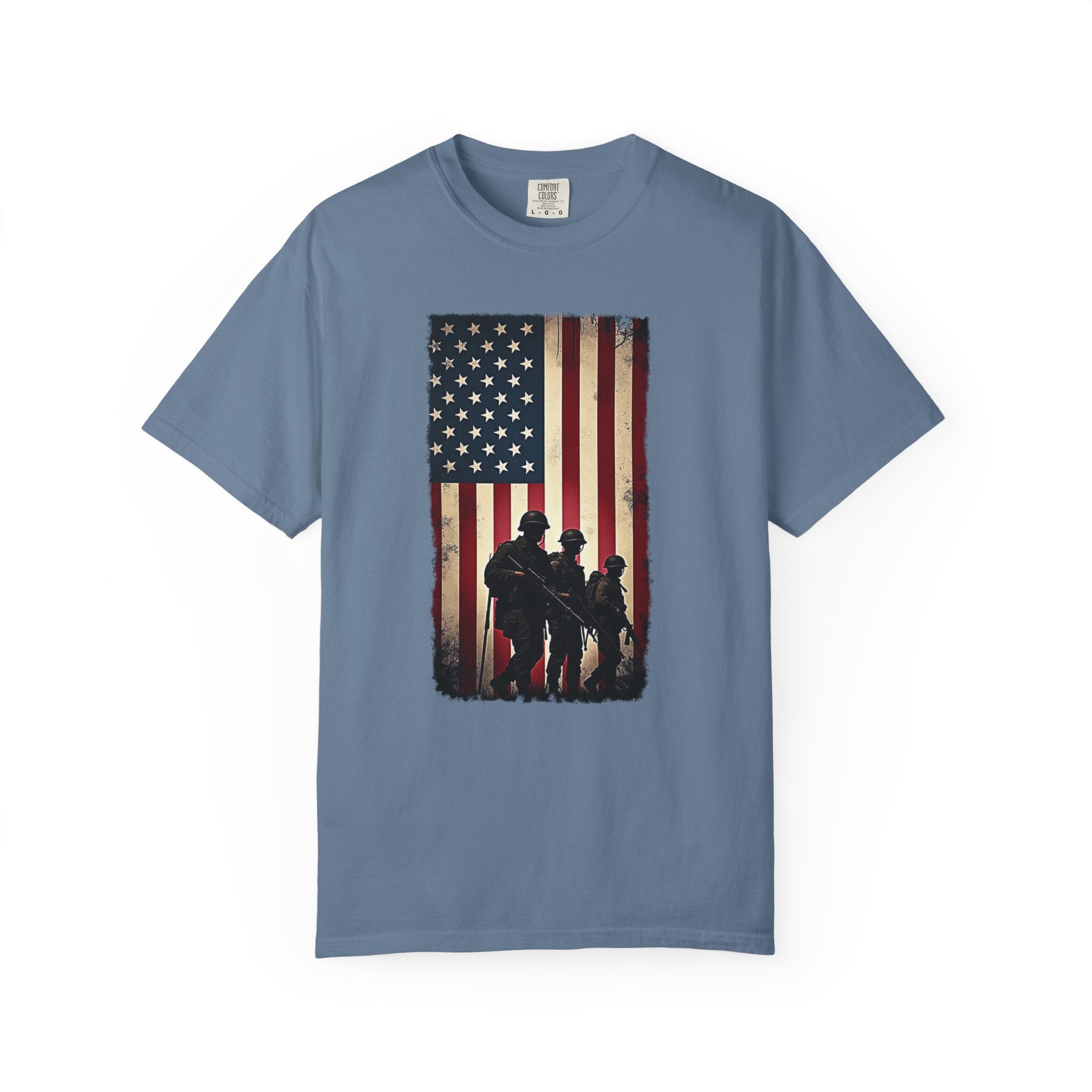 Blue jean t-shirt with vintage American flag and silhouette soldier design on a white background