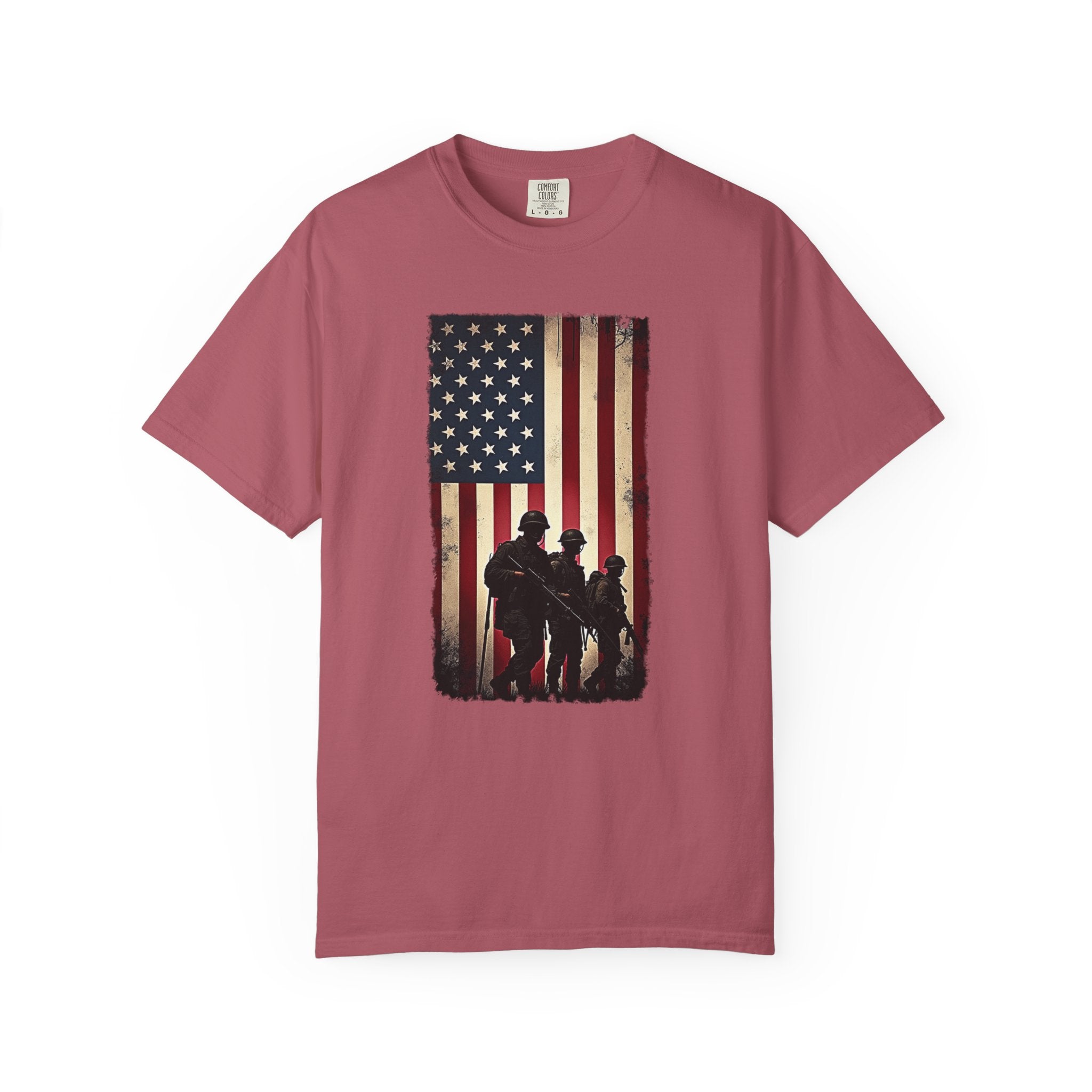 Crimson t-shirt with vintage American flag and silhouette soldier design on a white background