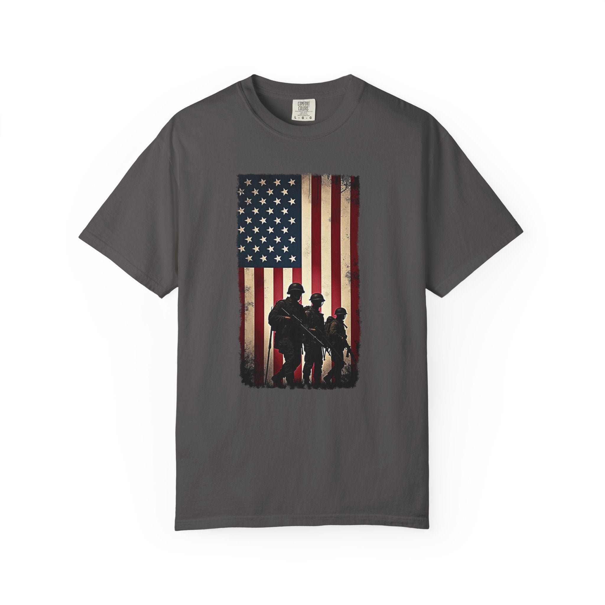 Graphite gray t-shirt with vintage American flag and silhouette soldier design on a white background
