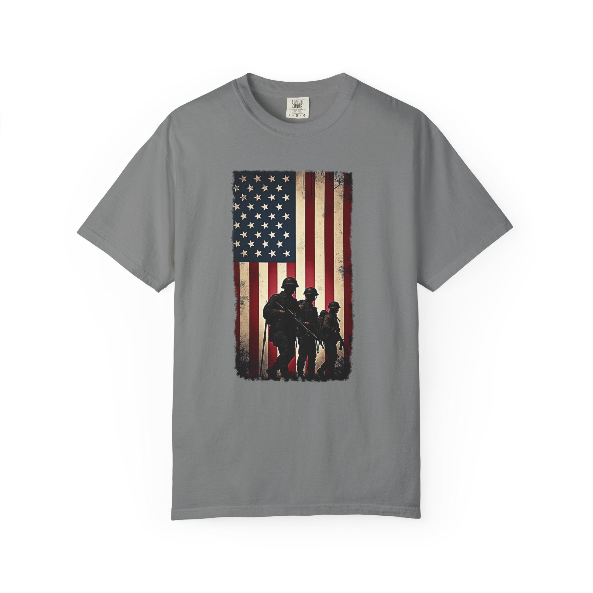 Gray t-shirt with vintage American flag and silhouette soldier design on a white background