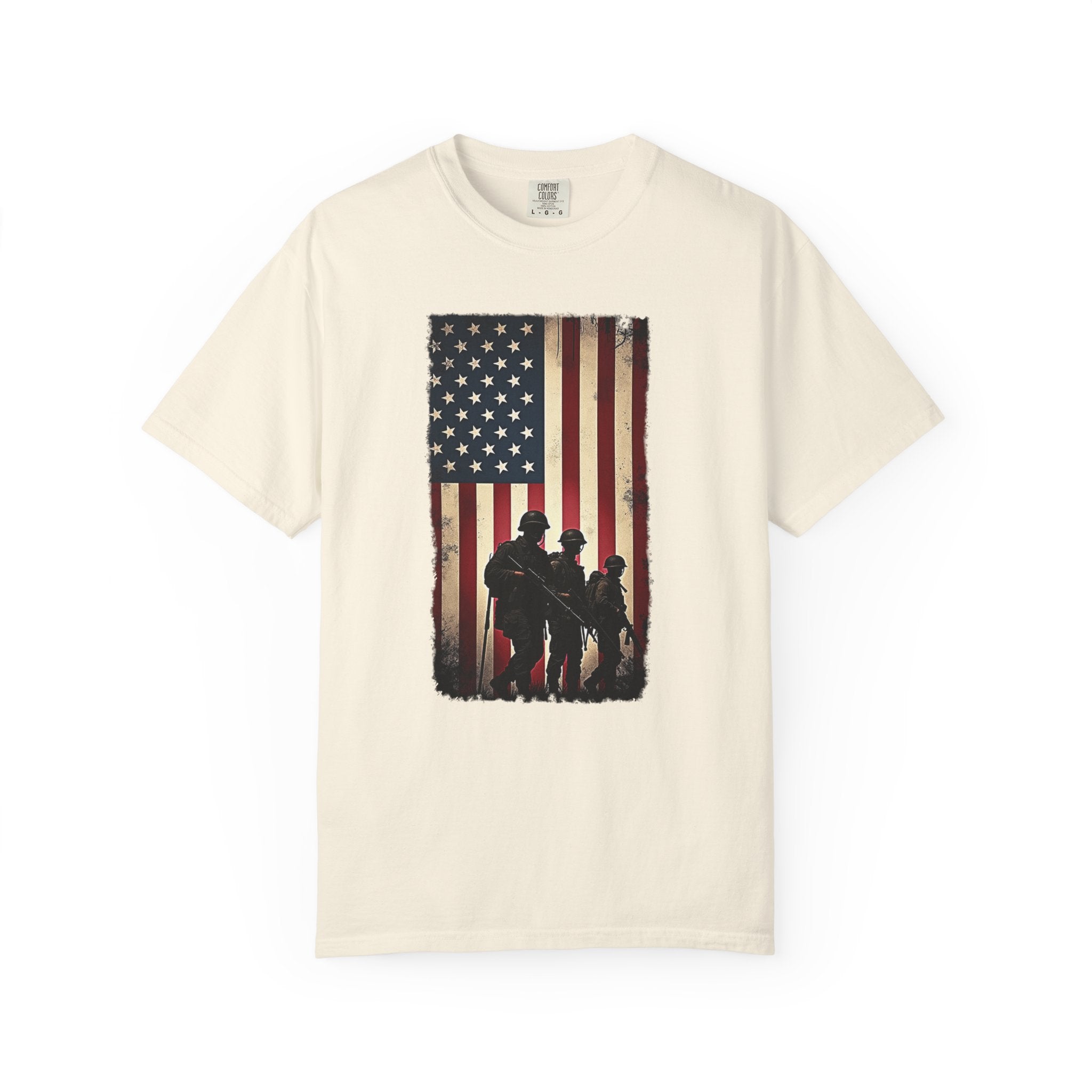 Ivory beige  t-shirt with vintage American flag and silhouette soldier design on a white background