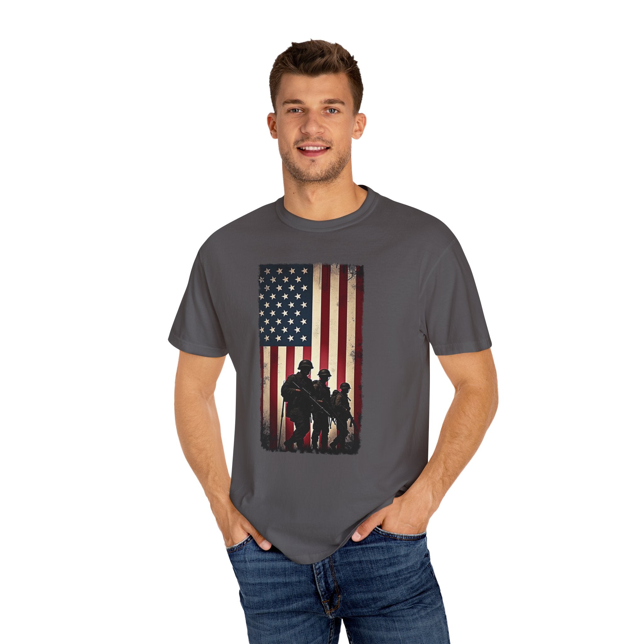 Man wearing a gray t-shirt with an American flag and silhouette design on a white background
