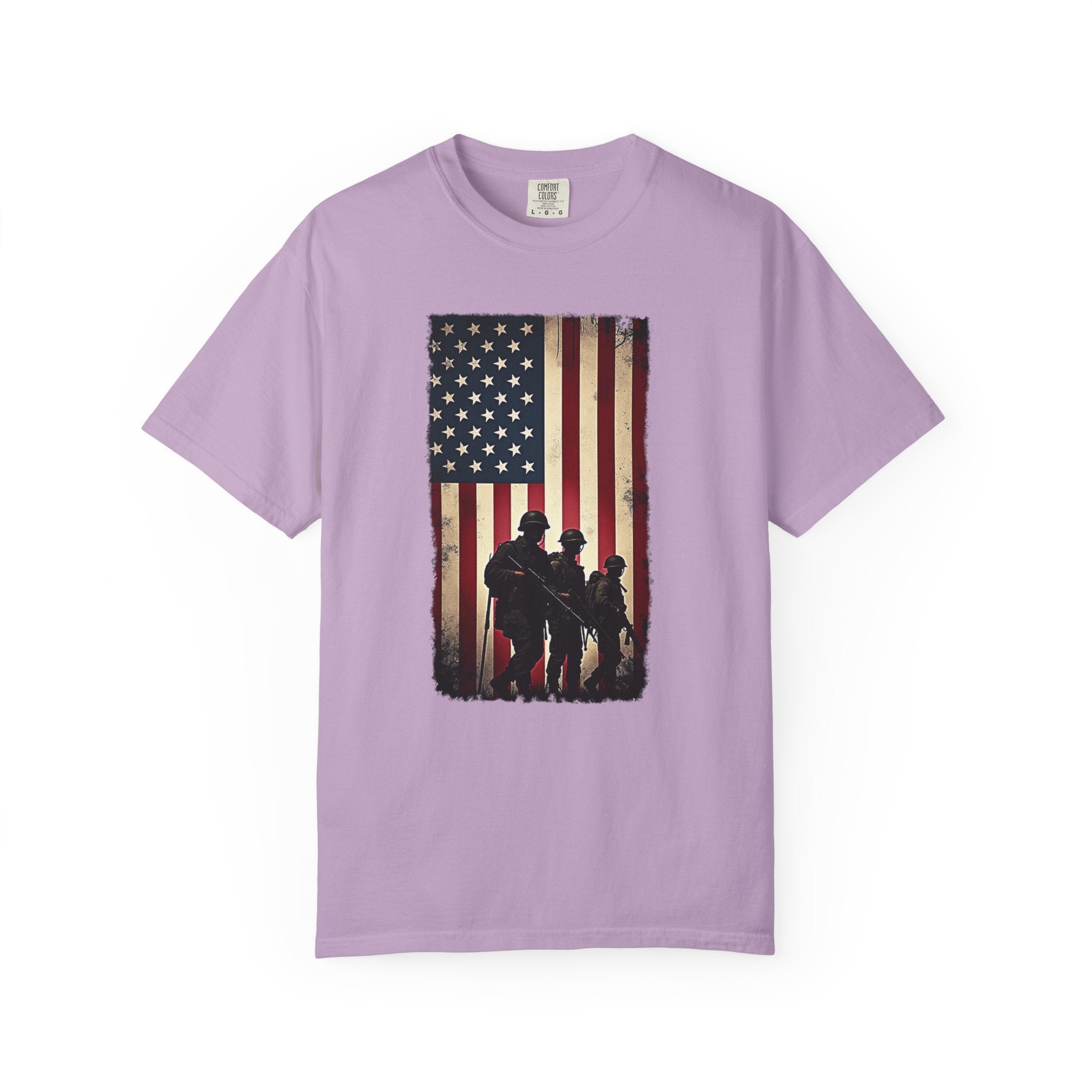 Orchid purple t-shirt with vintage American flag and silhouette soldier design on a white background