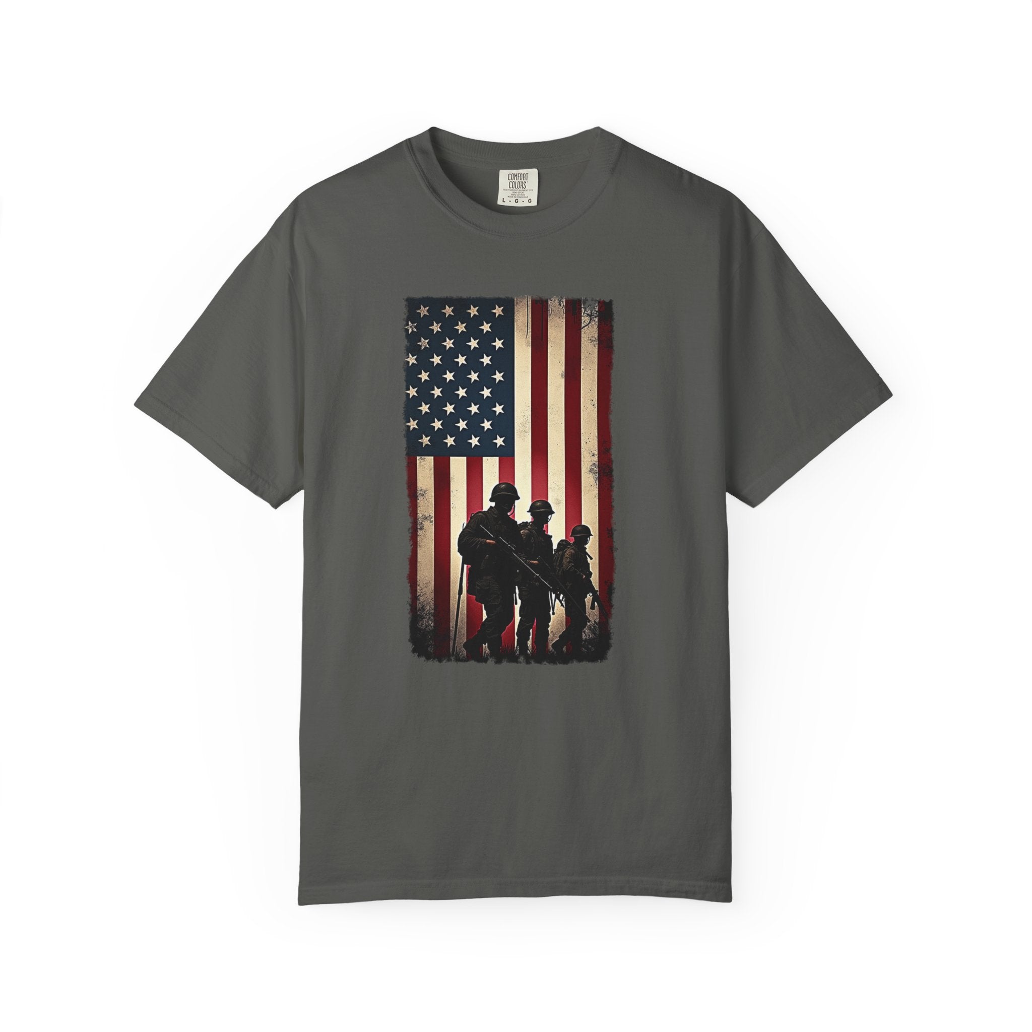 Pepper gray t-shirt with vintage American flag and silhouette soldier design on a white background
