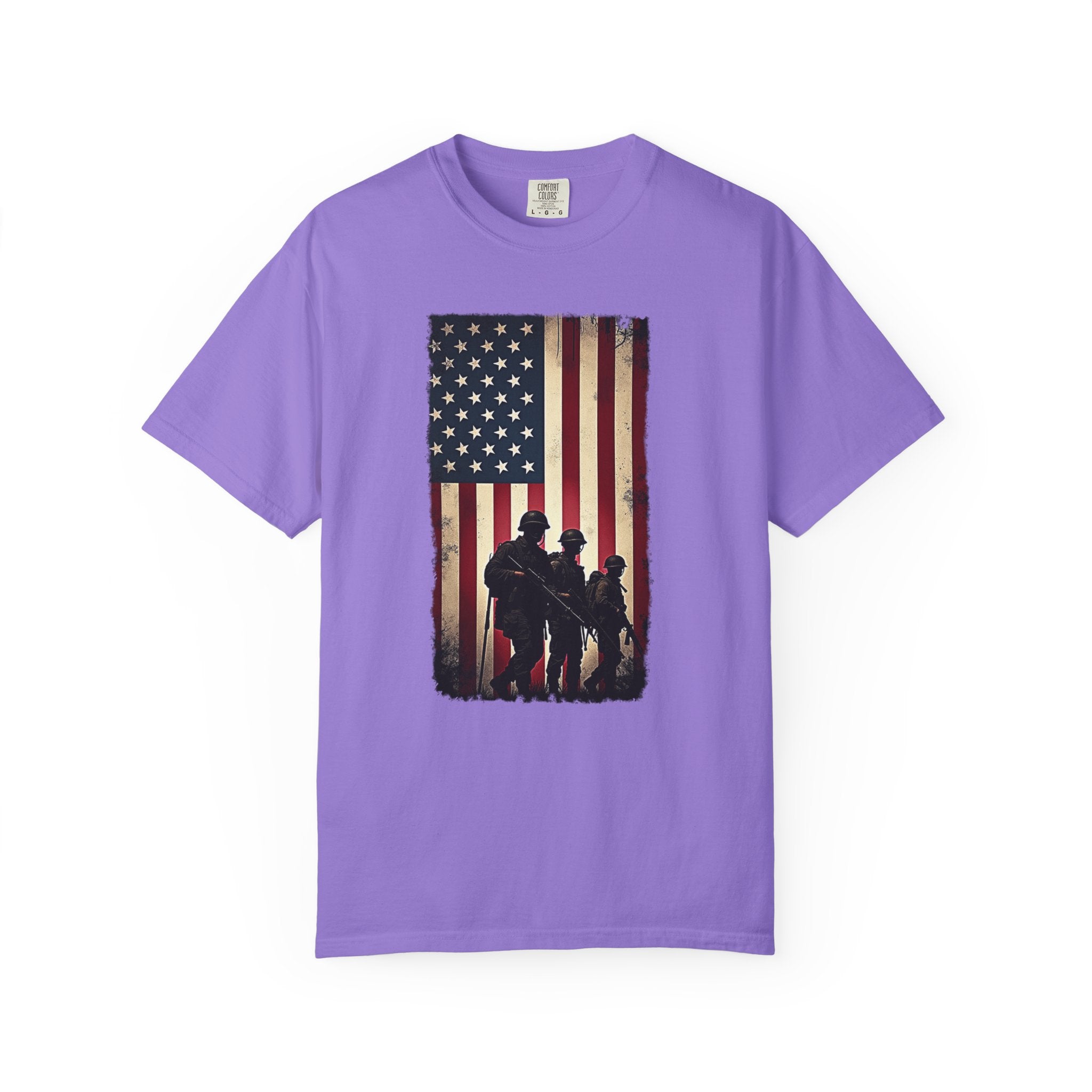 Purple t-shirt with vintage American flag and silhouette soldier design on a white background