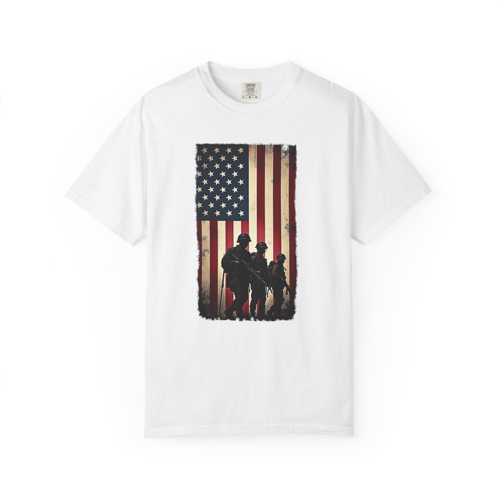 White  t-shirt with vintage American flag and silhouette soldier design on a white background