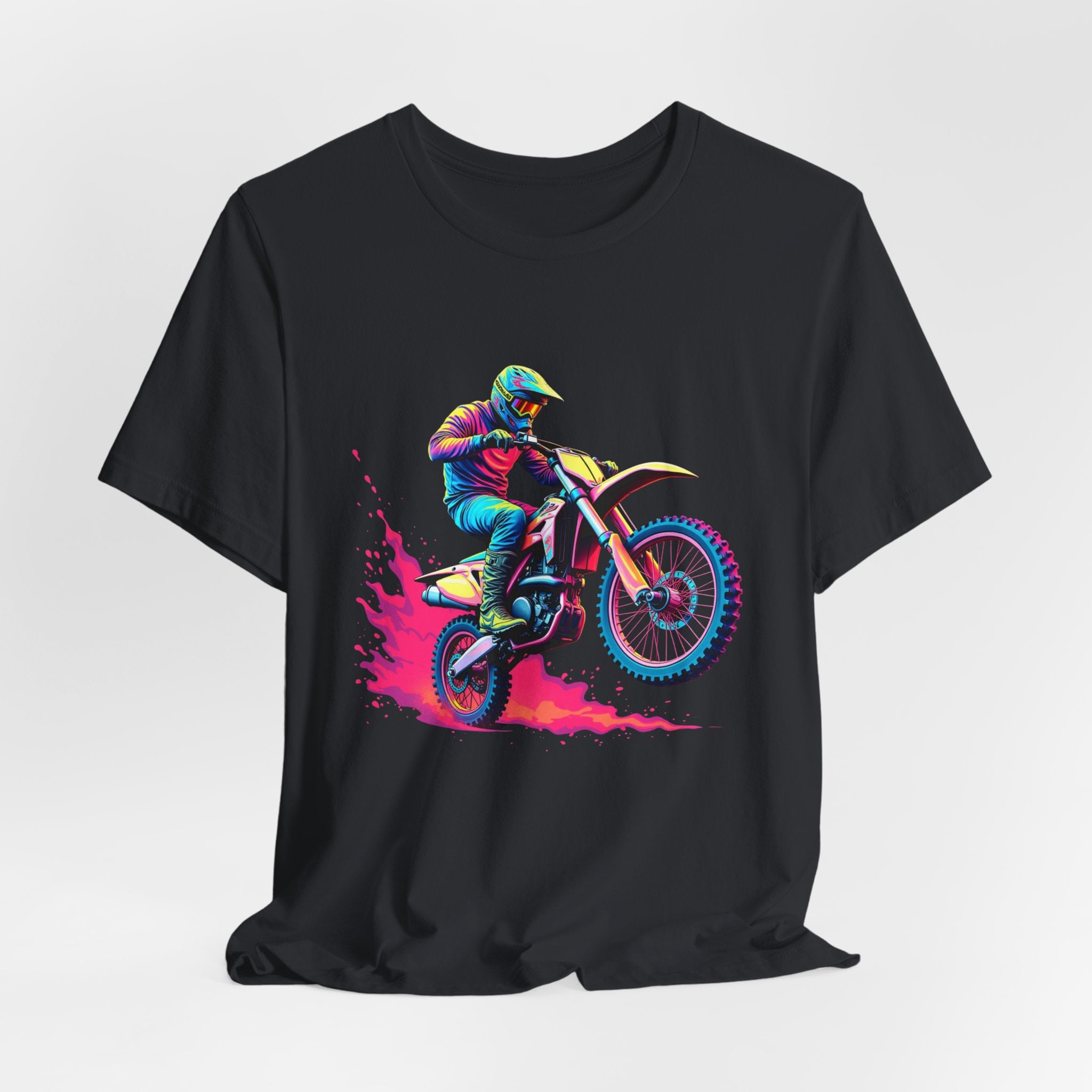 Vintage Black t-shirt with a colorful graphic of a motocross rider on a bike.