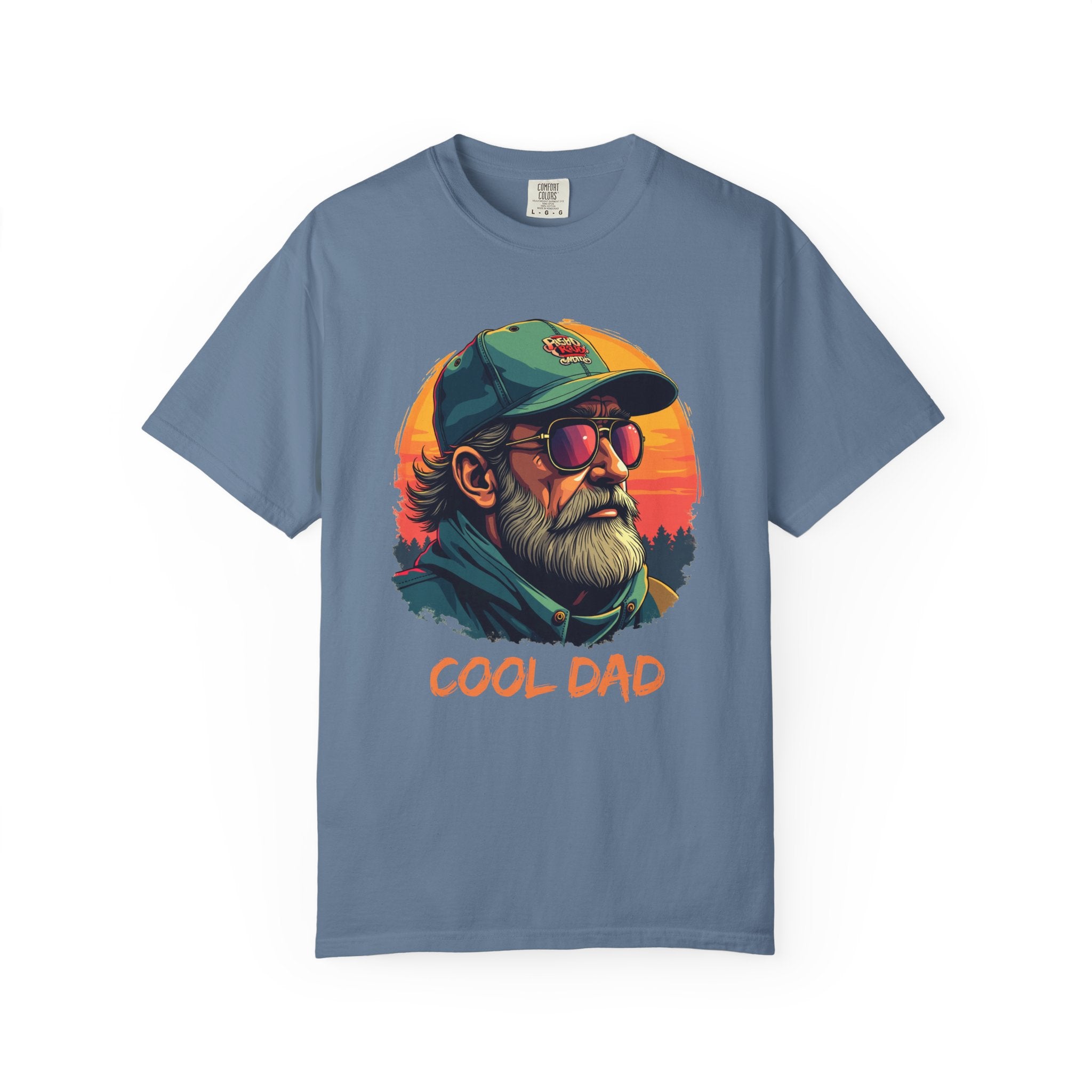 Blue jean t-shirt with a graphic of a 'Cool Dad' design on a white background